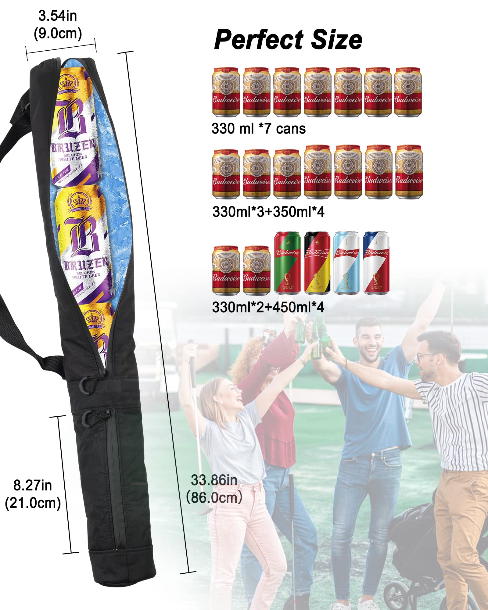 BIG TEETH 7-Can Golf Beer Holder Cooler Sleeve Isolato Bevande Cooler Tube Bag Storage Case con tracolla regolabile Chiusura a cerniera a prova di perdite