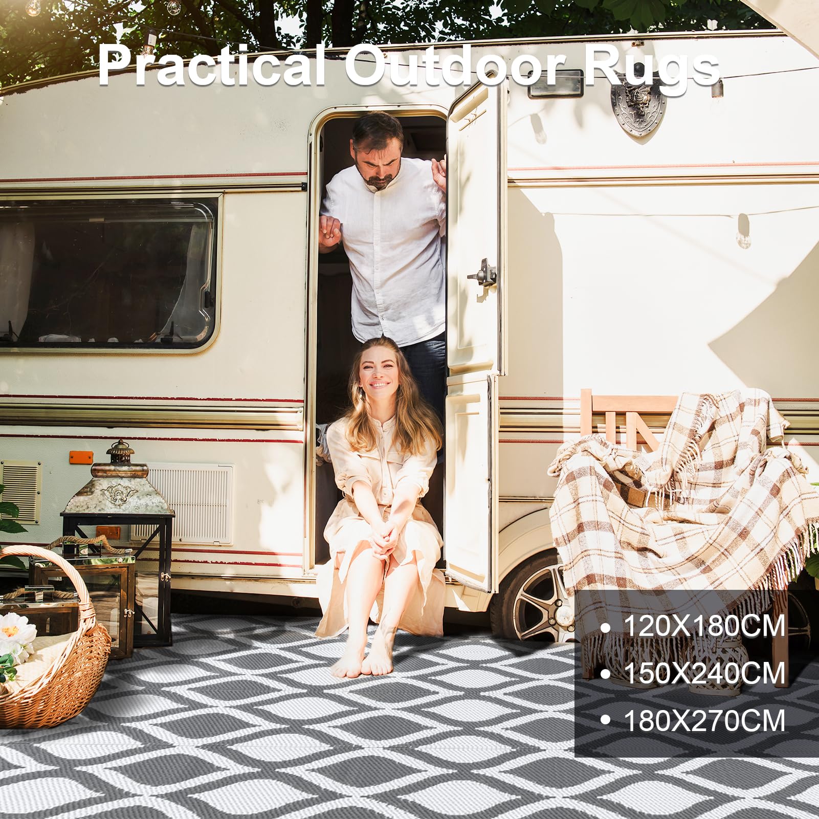 CHOSHOME Alfombra Exterior Impermeable 180x270cm Reversible UV Resistentes para Jardín Patio Camping - Plegable Ligera con Bolsa Transporte, Gris