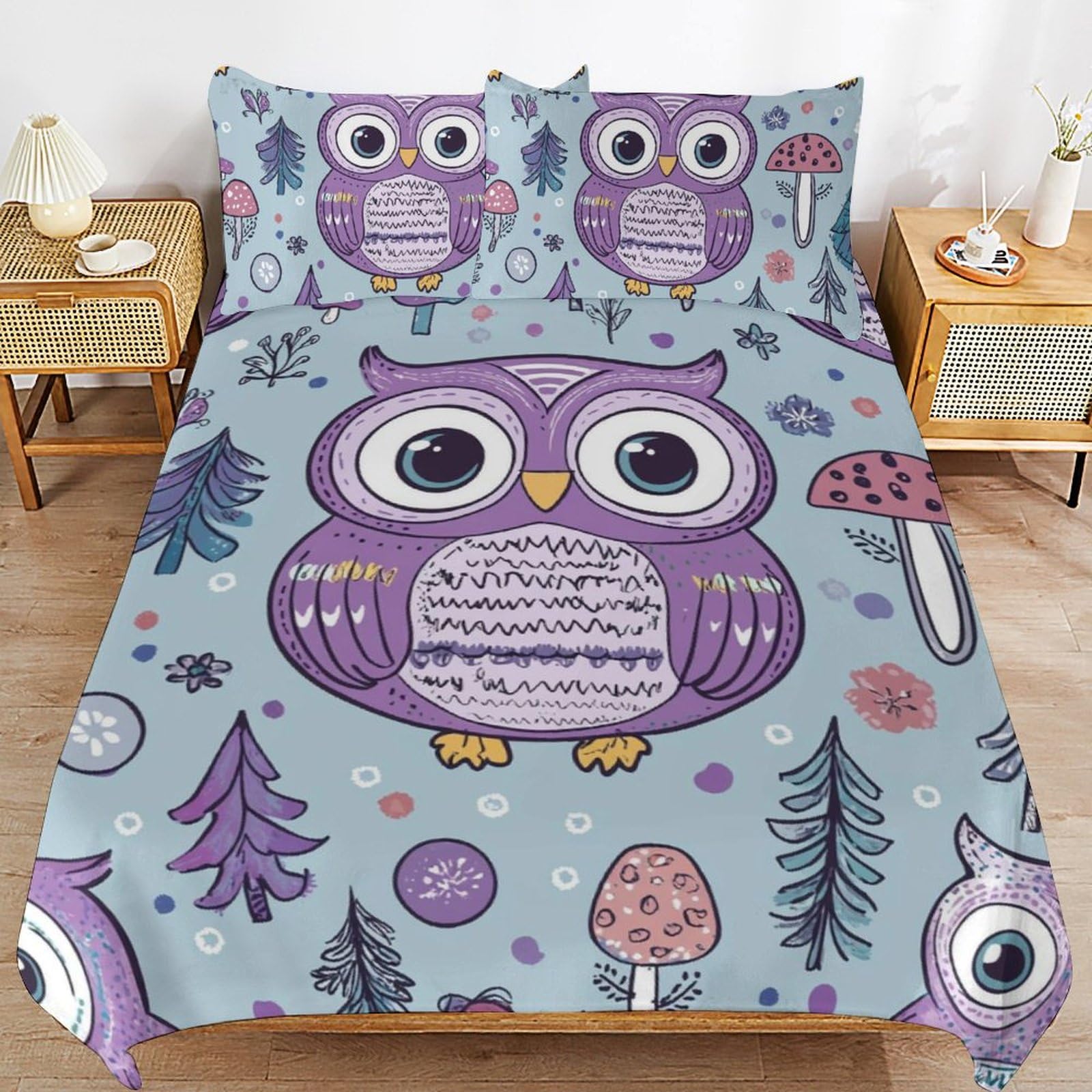 Housse de couette hibou et taie d'oreiller microfibre pour lit enfant
