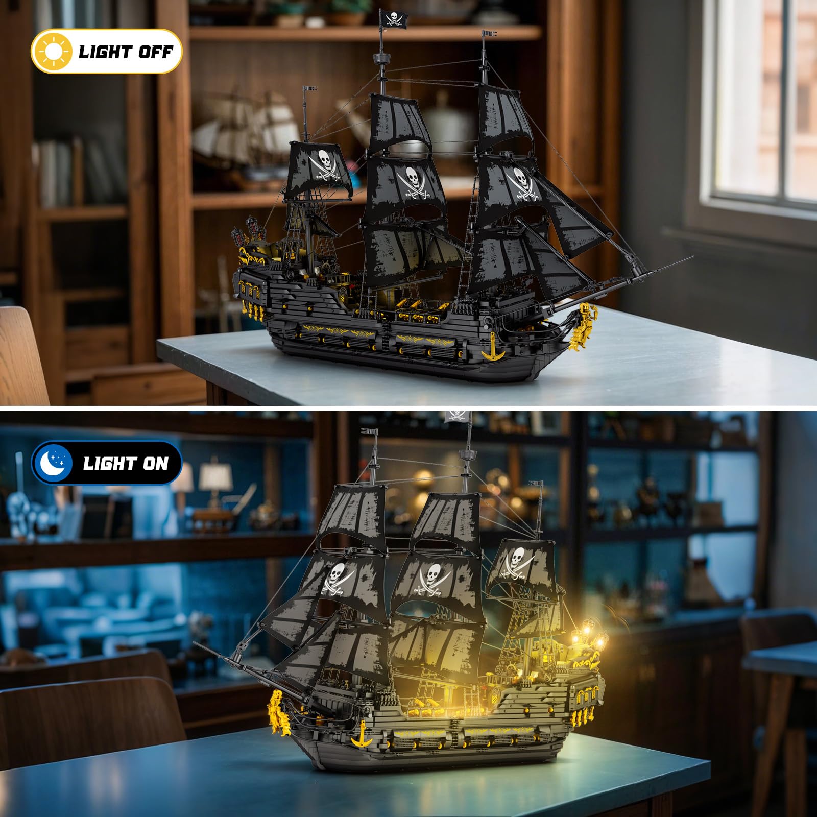 Pirate Ship Building Set with LED Lights,Large Black Pearl Ship Model 66036,Pirate Ship Sailboat Toy,Halloween Home Decor Birthday Gifts,Model Kits for Adult Boys Girls 14+（4304 PCS）