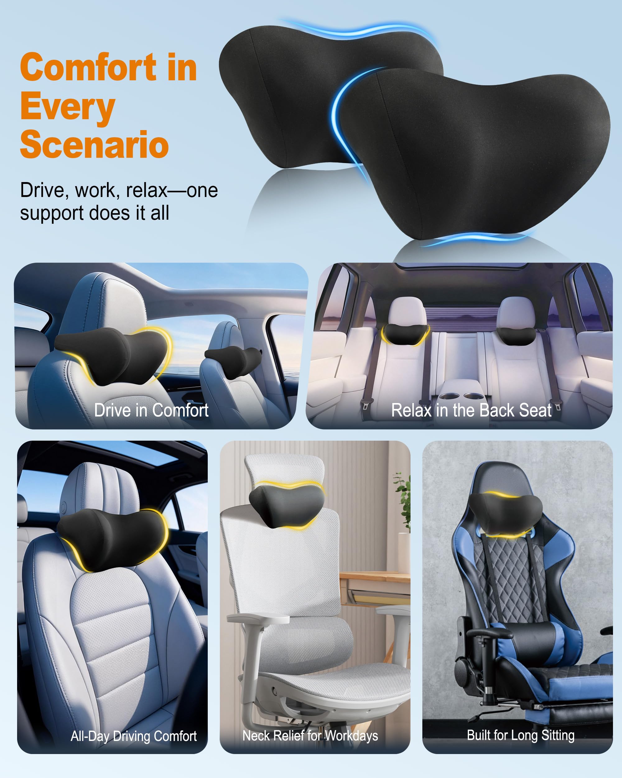 Lot de 2 coussins de nuque pour voiture : oreiller ergonomique en mousse à mémoire de forme pour appuie-tête de voiture, coussin de soutien du cou pour les longs trajets, coussin de soutien pour