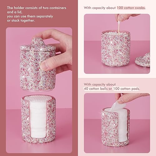 Miniatura 4 de KEYPOWER Almohadilla de bolas de algodón con diamantes de imitación, soporte dispensador de hisopos de acrílico con tapa, contenedor organizador