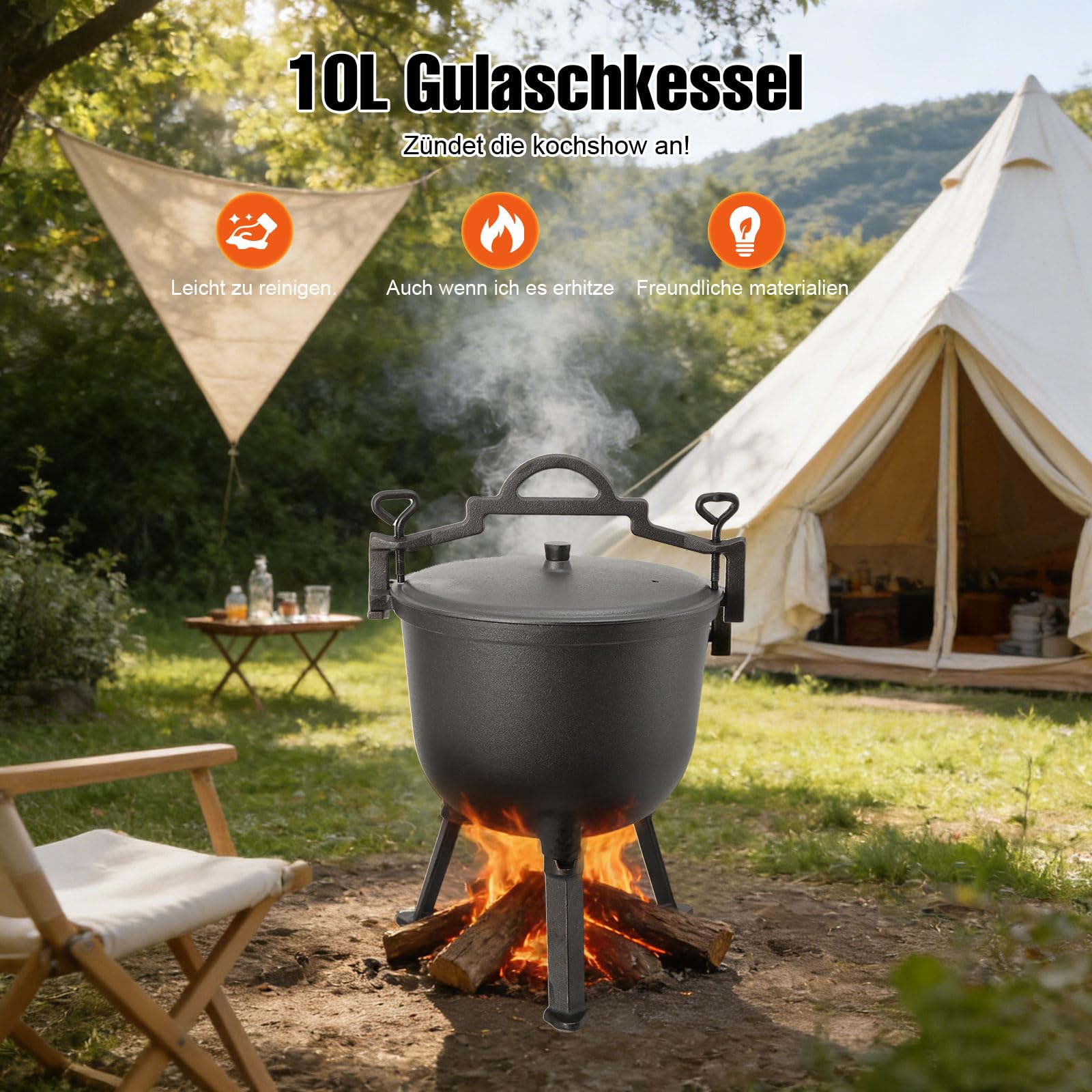 10L Jagdkessel Gulaschkessel Gusseisen Topf Gusseiserner Kessel BBQ Schmortopf Gusseisen Kochtopf Feuertopf mit Füßen Und Deckel für Garten Lagerfeuer Camping Schwarz