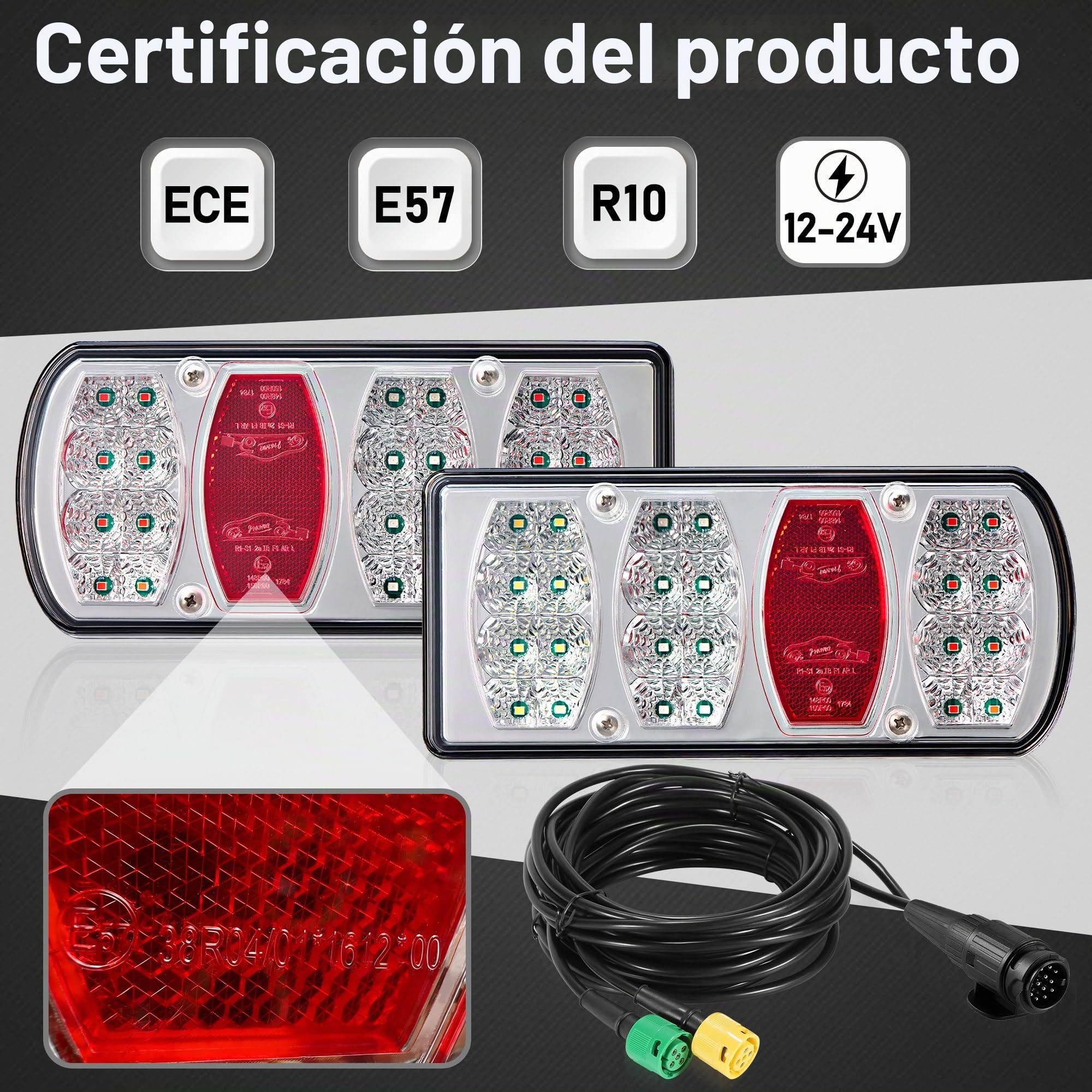 Pilotos Traseros Led Kit Luces Remolque 13 Pines 12V 24V 7Funciones con Luz de Piloto Marcha Atrás Plug & Play Conector Bayoneta 5 Pines Pre-cableado 5,5m para Caravana, Camion E57 IP65