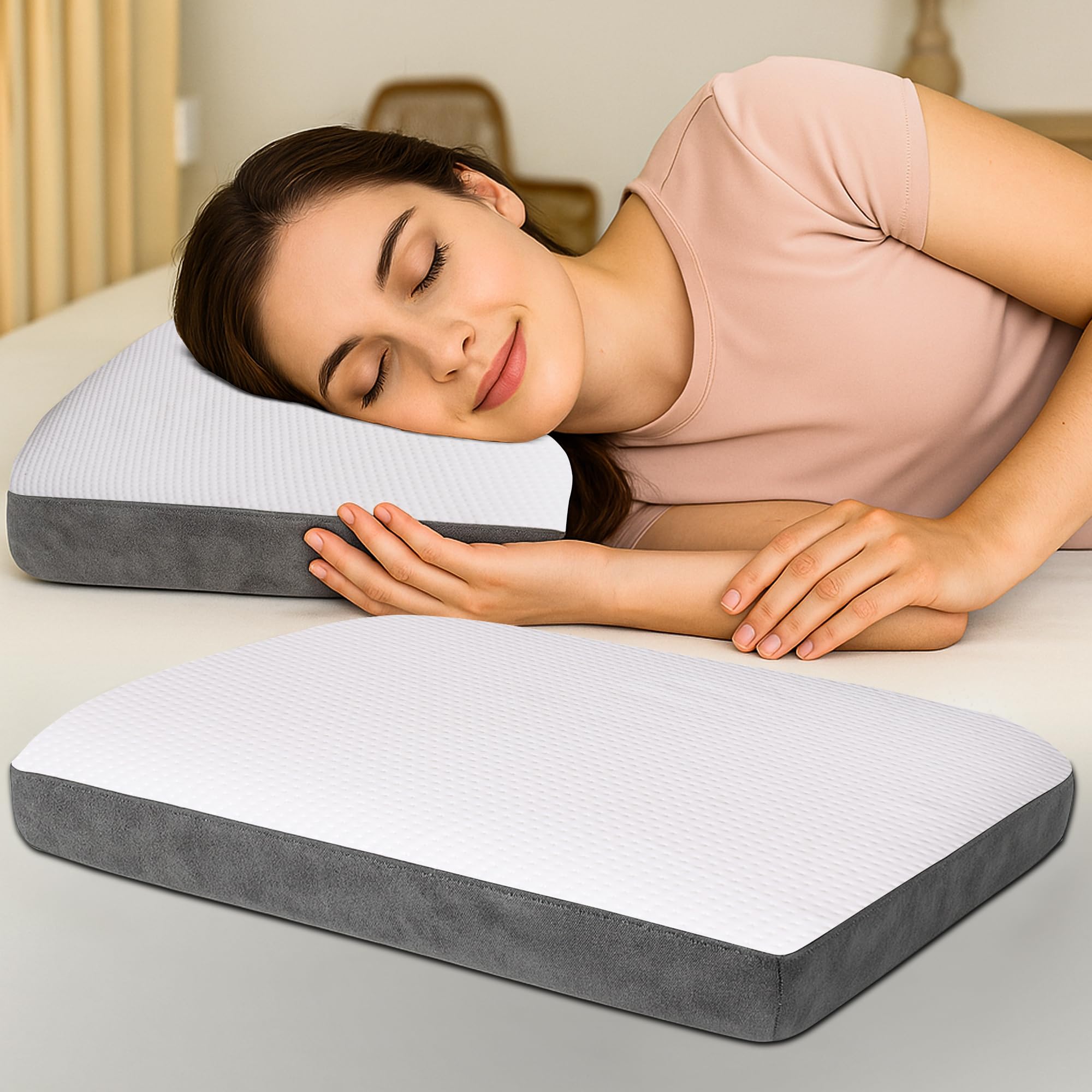 GADDA CO Orthopedic Flat Memory Foam Pillow for Sleeping | Neck & Shoulder Pain Relief | Flat Memory Foam Pillow | Ergonomic Support with Removable Zipper White & Grey Jacquard Cover | 21x15x5 Inch