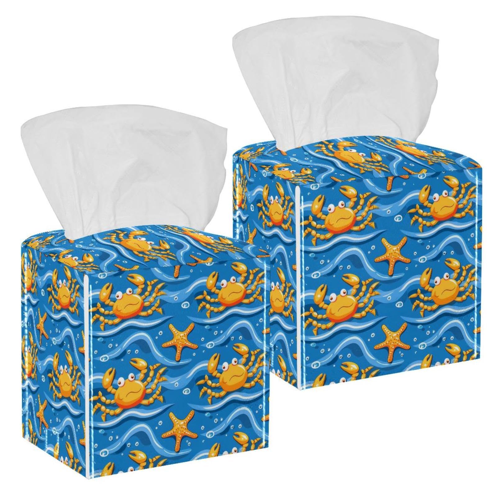 Crabs and Starfishes Tissue Box Cover, 2 Pack PU Leather Square Facial Tissue Dispenser Box holder for Home Office Car