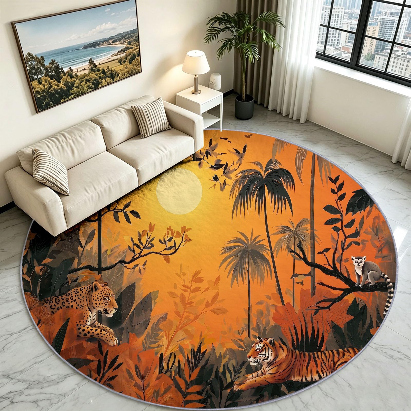 Tappeto rotondo a pelo corto per soggiorno, motivo paesaggio naturale, rotondo, 140 cm, con tigre, leopardo, giungla, tramonto, lavabile, extra morbido, antiscivolo, per la cameretta dei bambini e la