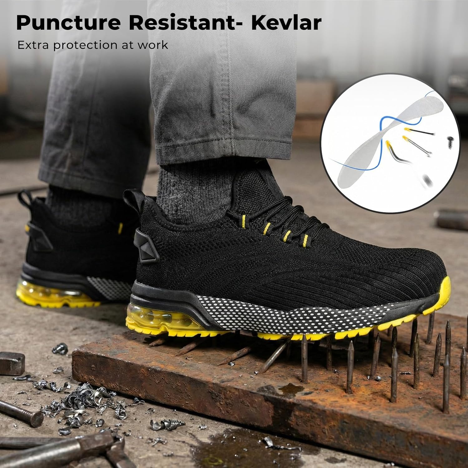 SPIEZ Composite Toe Shoes for Men Women, Lightweight Breathable Non Steel Toe Safety Shoes, Puncture Proof Slip Resistant Work Sneakers Black Blue/Black Yellow US5-12 - Image 6
