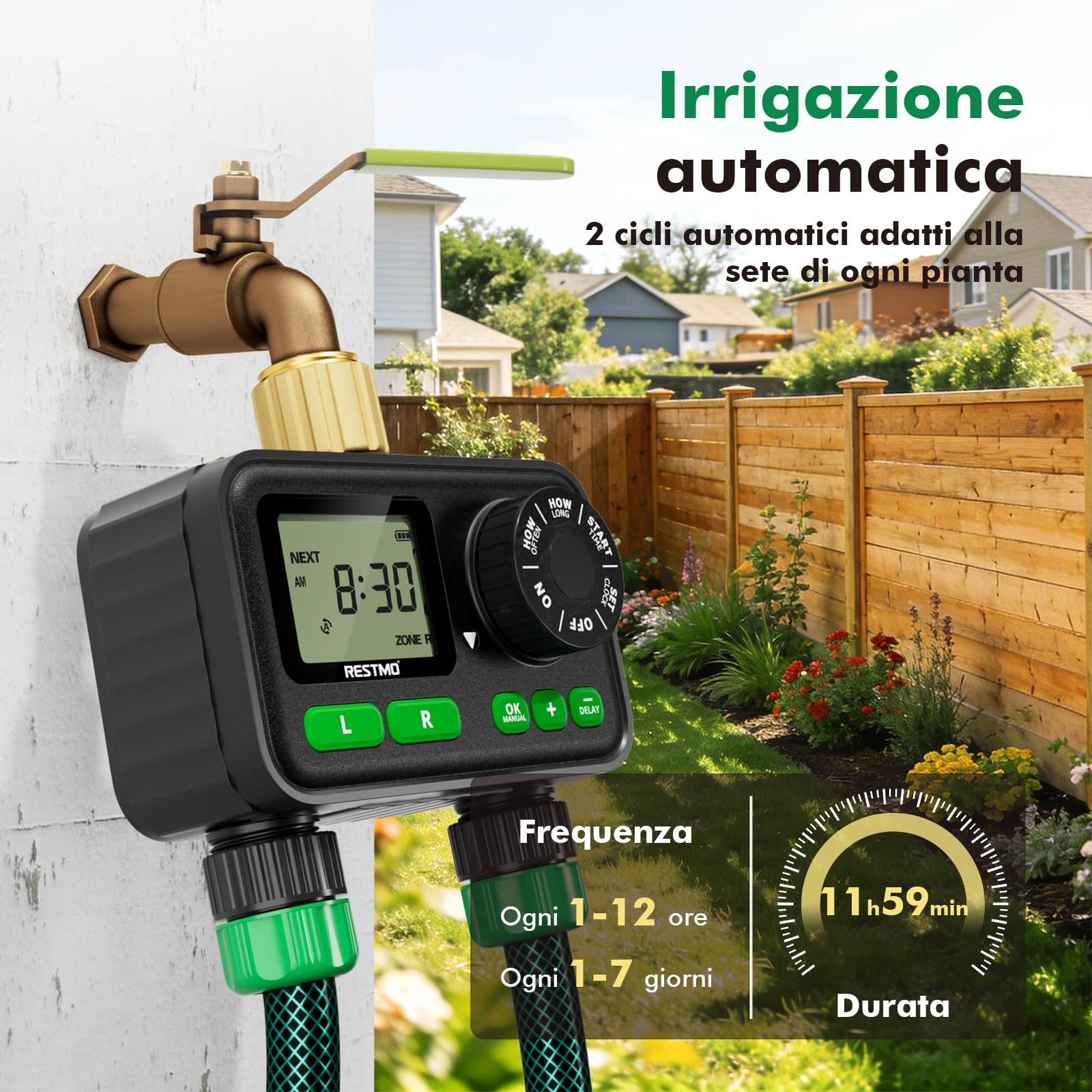 RESTMO Timer per Irrigazione a 2 Zona con Chip RF | Integrato per Accesso Remoto Opzionale, Automatico/Manuale/Ritardo Pioggia, Per Tubo da Giardino, Rubinetto Esterno