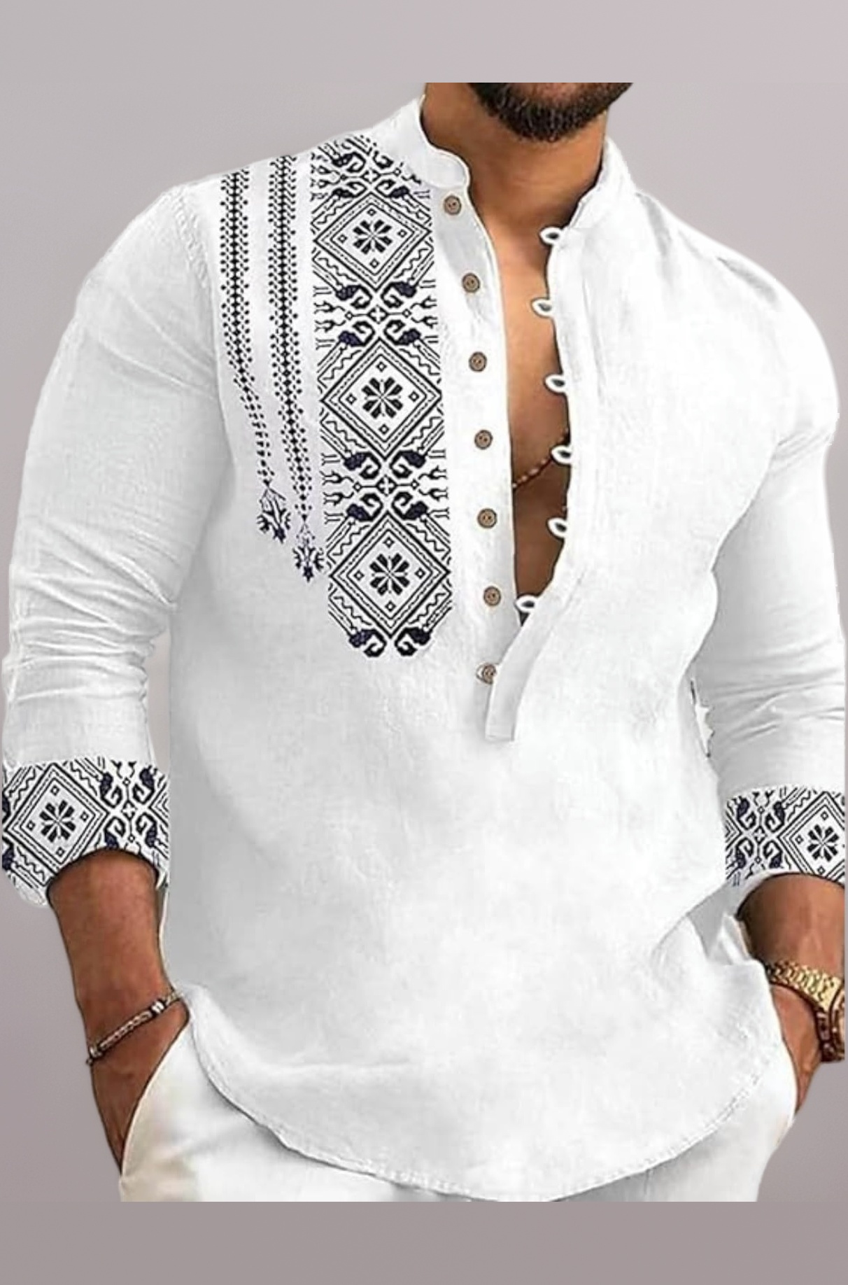 Men's Cotton Blend Mandarin Collar Self One Design Full Sleeve Casual Short Kurta
