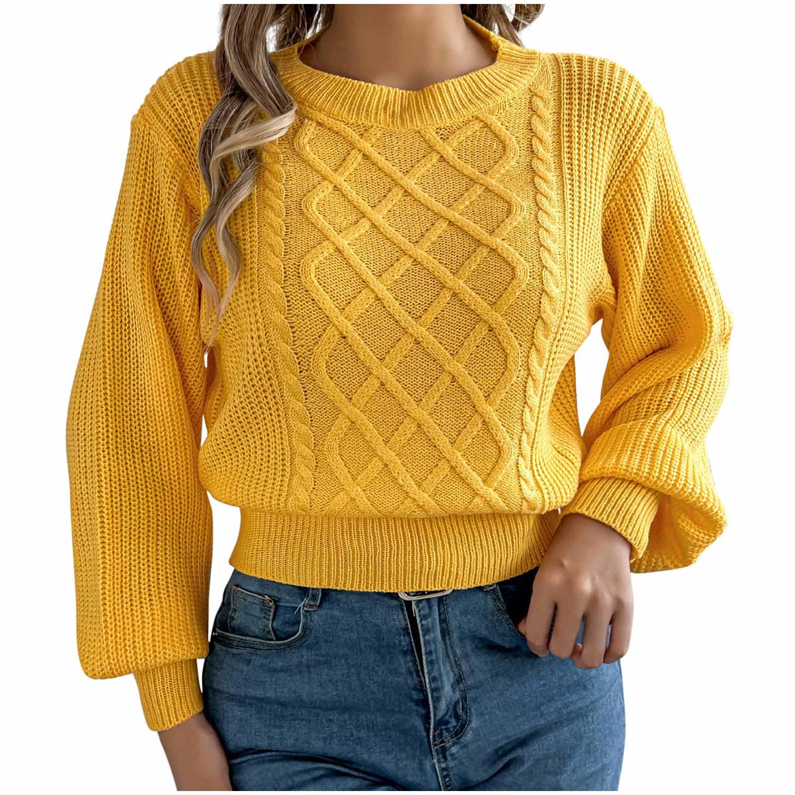 Womens Knit Cropped Pullover Tops Crew Neck Casual Loose Short Sweaters Long Sleeve Solid Color Fall Sweaters Top