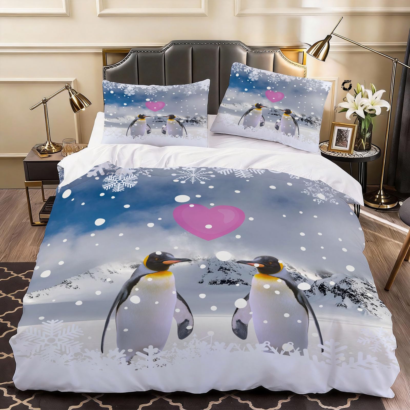 3D Antarctic Penguins Duvet Cover Cute Animals Bedding Single Bed Set, Soft Microfiber Comforter Cover Printed with Zipper Closure Quilt Coverr 135x200 cm and 2 Pillowcases