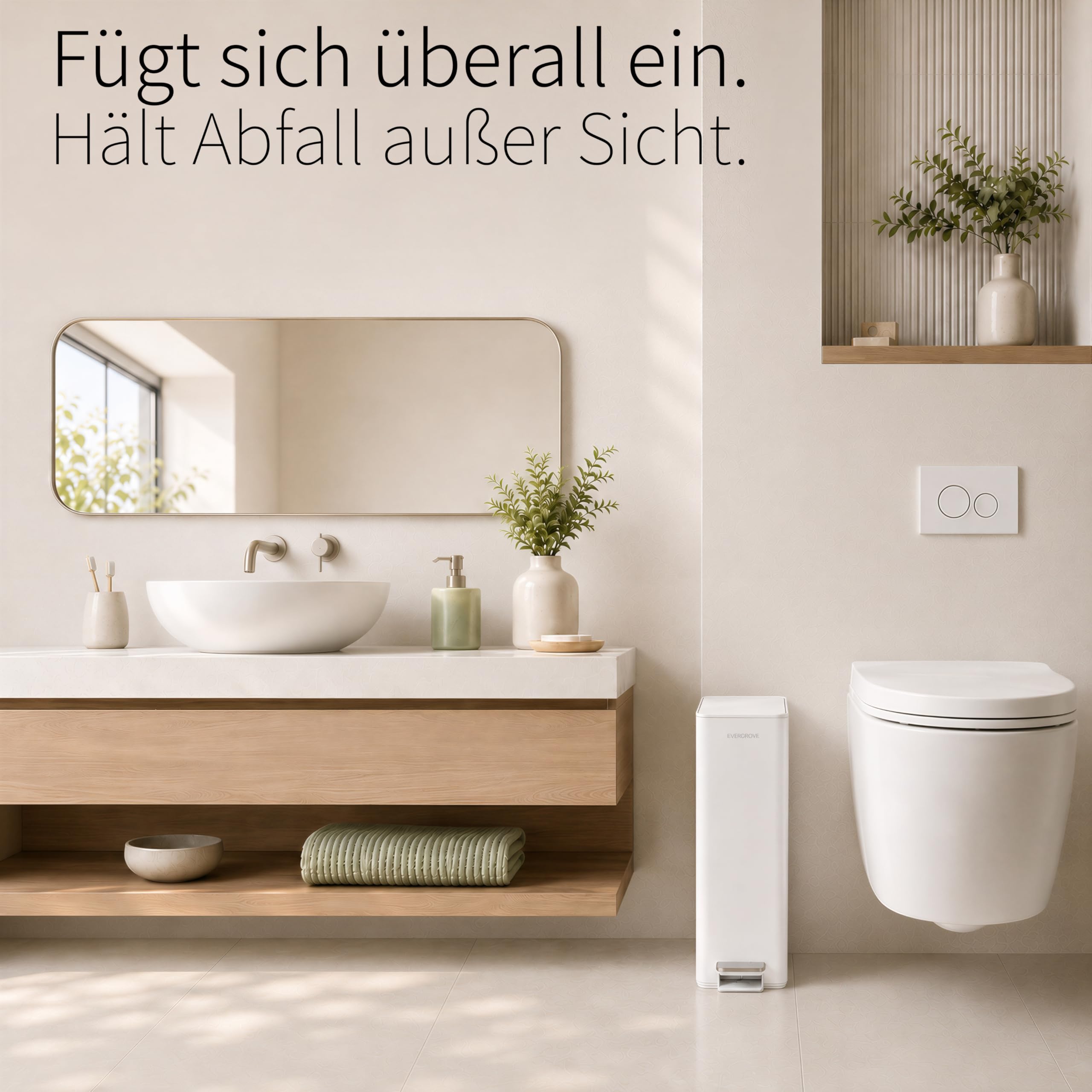 EverGrove 10 L Edelstahl-Treteimer, 14 cm breit, fürs Bad, Arctic White