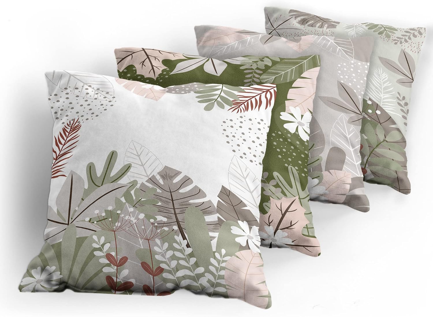 Ambesonne Botanic Throw Pillow Cushion Case Pack of 4, Autumn Foliage Big Exotic Leaves Daisy Flower Foliage of Forest Artwork, Modern Accent Double-Sided Printing, 20" x 12", Olive Green White