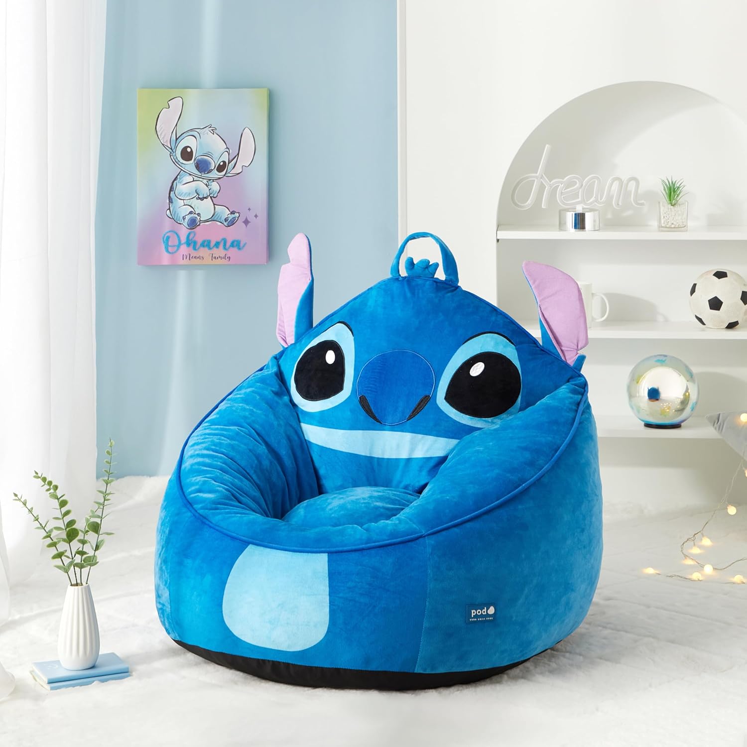 Disney Stitch Kids Foam Filled Bean Bag Chair, Soft Plush Character Lounge Seat for Bedroom or Playroom