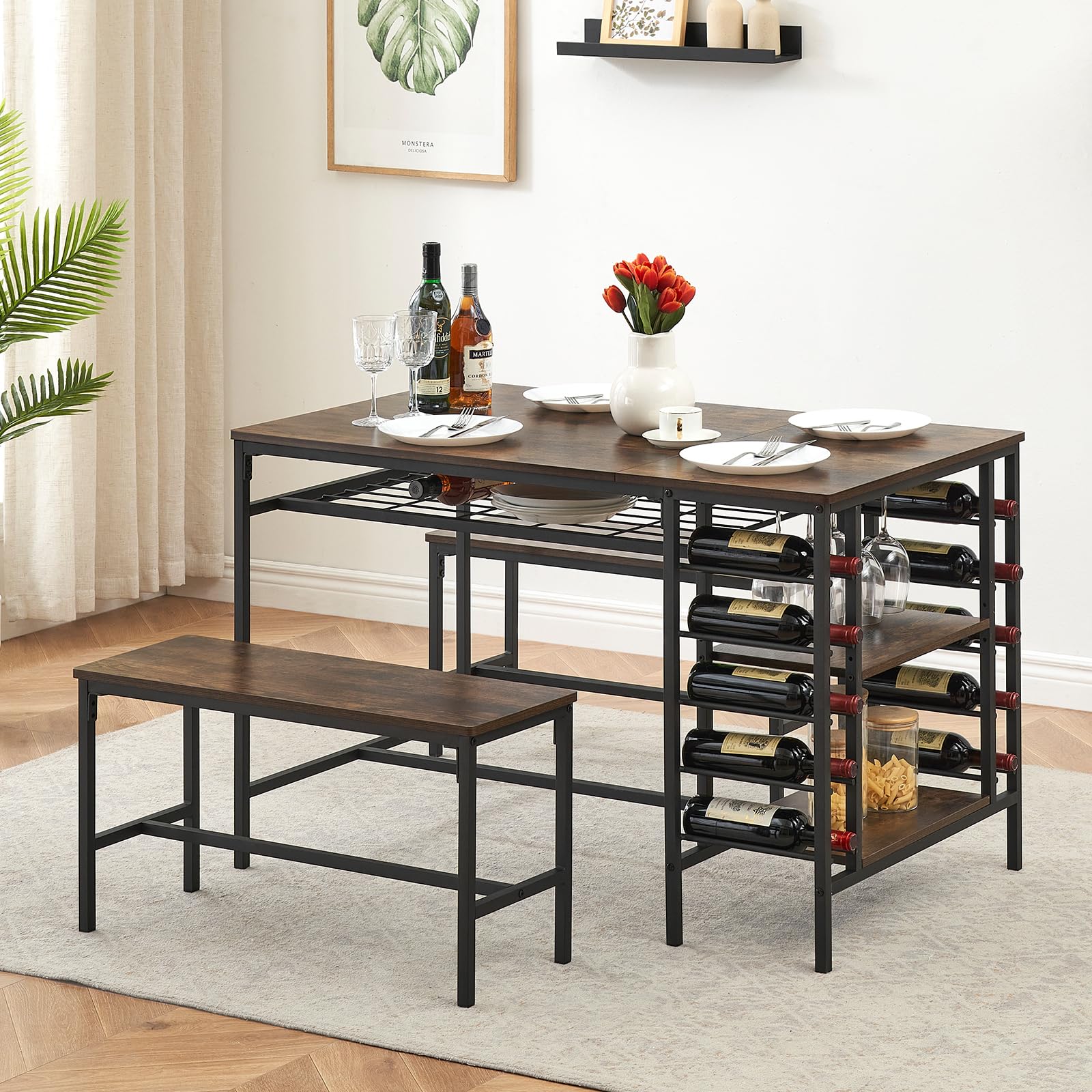 Garvee Dining Table Set for 4, Kitchen Table Set for 4 with 2 Benches, 3 Piece Dining Room Table Set for Small Space Apartment, Retro Brown