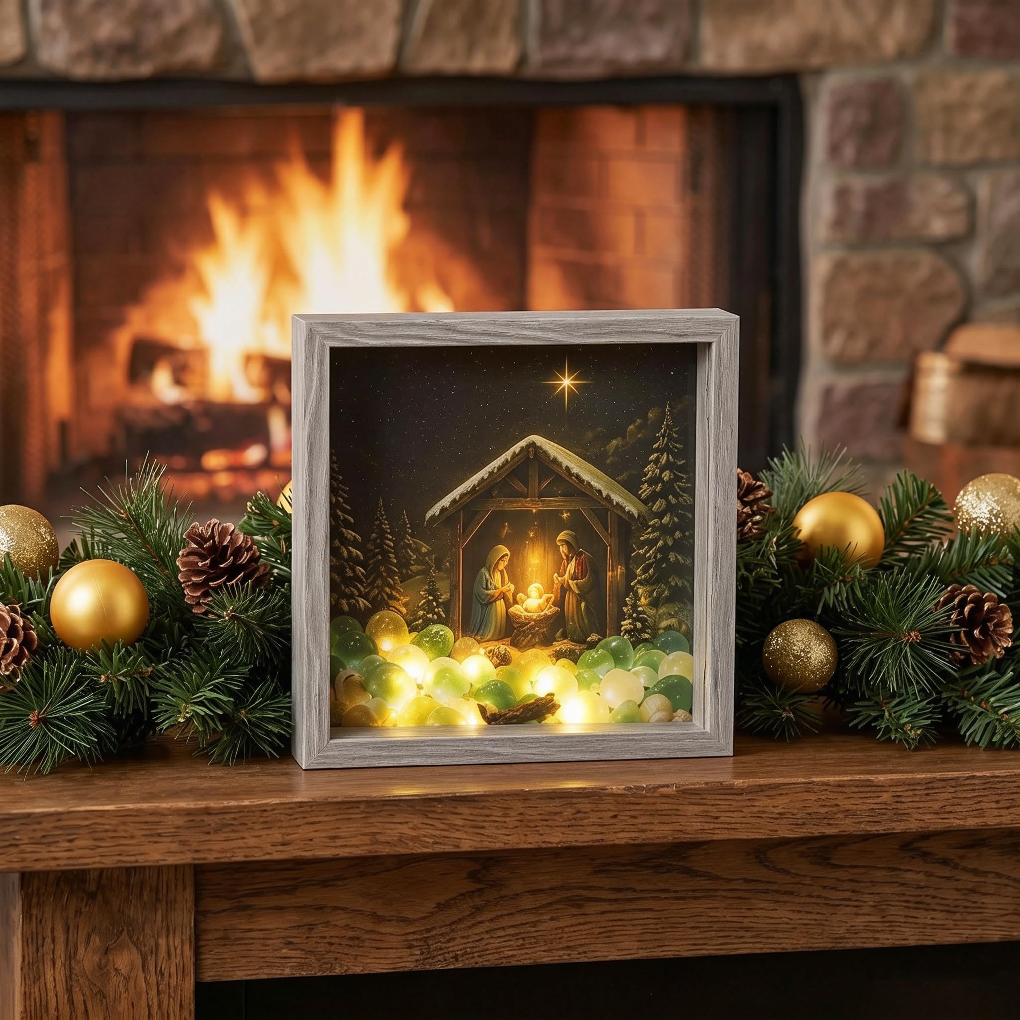 Zerodeko Caja decorativa navideña con diseño de belén: marco de fotos navideño con iluminación LED, marco de madera rústica para fotos navideñas, alimentado por USB para mesa, repisa o chimenea,