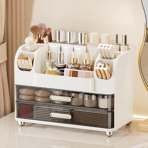 Organizador de maquillaje con 2 cajones, vitrina de cosméticos, soporte de almacenamiento para tocador, mostrador de baño, escritorio, suministros