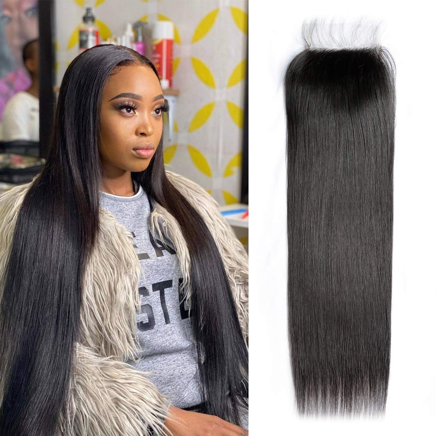 BEQUEENHAIR Ear To Ear 4x4 Frontal Closure Brazilian Straight Unprocessed Brazilian Virgin Human Hair Lace Front Closure Remy Human Hair Extension Free Part Pre Plucked Black Color (ST4x4 20)