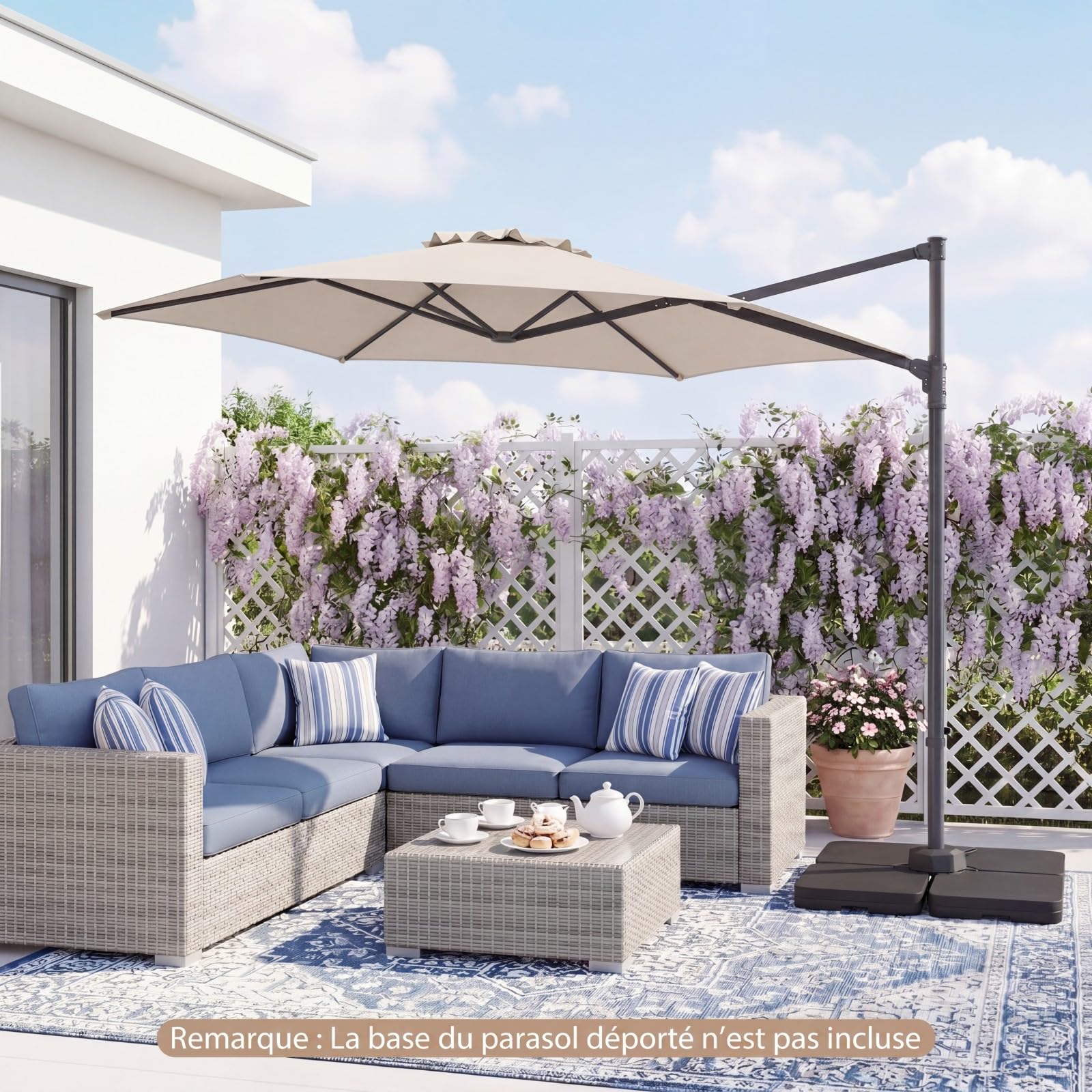 COSTWAY Parasol de Jardin Extérieur, Parasol Déporté Hexagonale avec Rotation 360° Réglable, Socle en Croix, Amovible, Support Métallique, Protection Solaire, pour Balcon, Patio, Terrasse (Beige)
