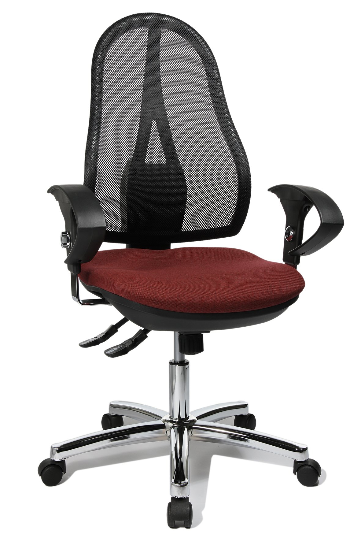 Topstar Open Point SY Deluxe, ergonomischer Syncro-Bandscheiben-Drehstuhl, Bürostuhl, Schreibtischstuhl, inkl. Armlehnen (höhenverstellbar), Stoff, bordeaux rot