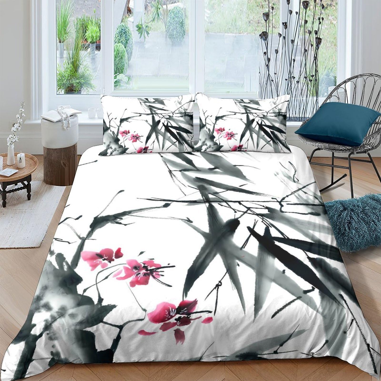 Ctjqhvkz Style-9 3D Printed Bamboo Blossom Fitted Sheet Microfiber Anti-Slip Floral Bed Cover Bedroom Decor Easy Care Single（135X200cm）