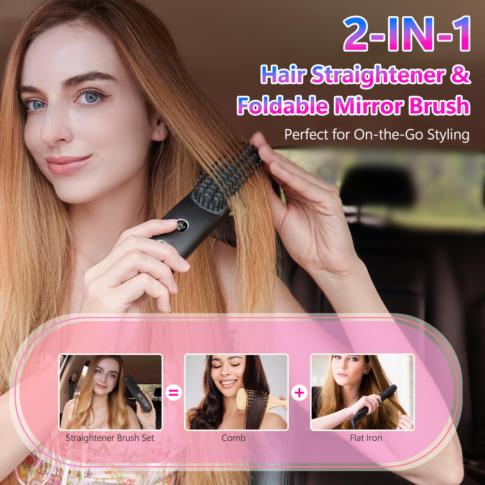 Rizador de pelo inalámbrico con pantalla LCD 2 en 1, mini cepillo portátil para alisar el cabello para viajes, iónico negativo, calentamiento rápido, peine caliente para mujeres, cepillo 2