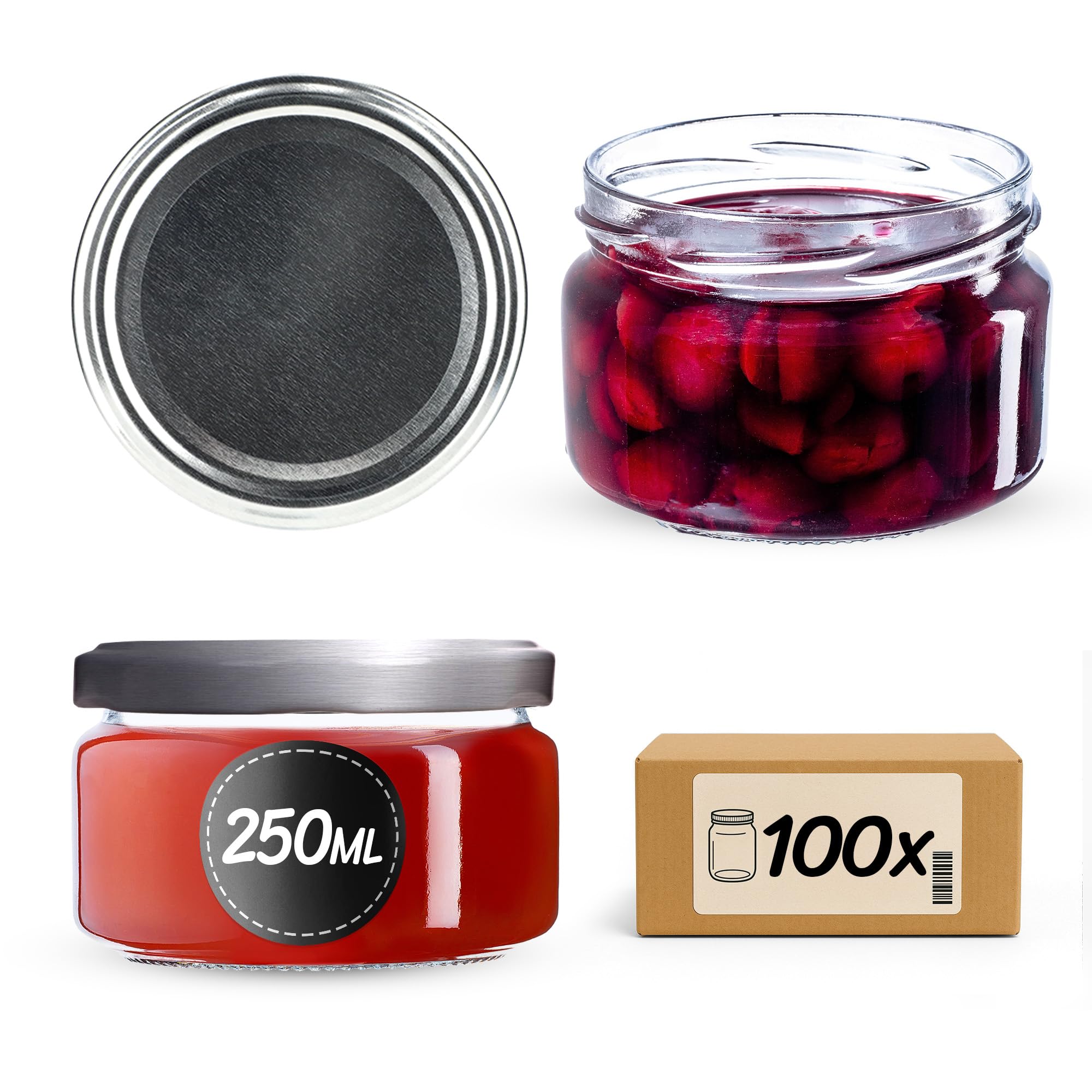 KADAX Małe słoiki na przetwory 250 ml, słoiki na dżem z pokrywką, hermetyczne słoiki na prezent, mini szklanki na miód i przyprawy (100 sztuk, srebrne)