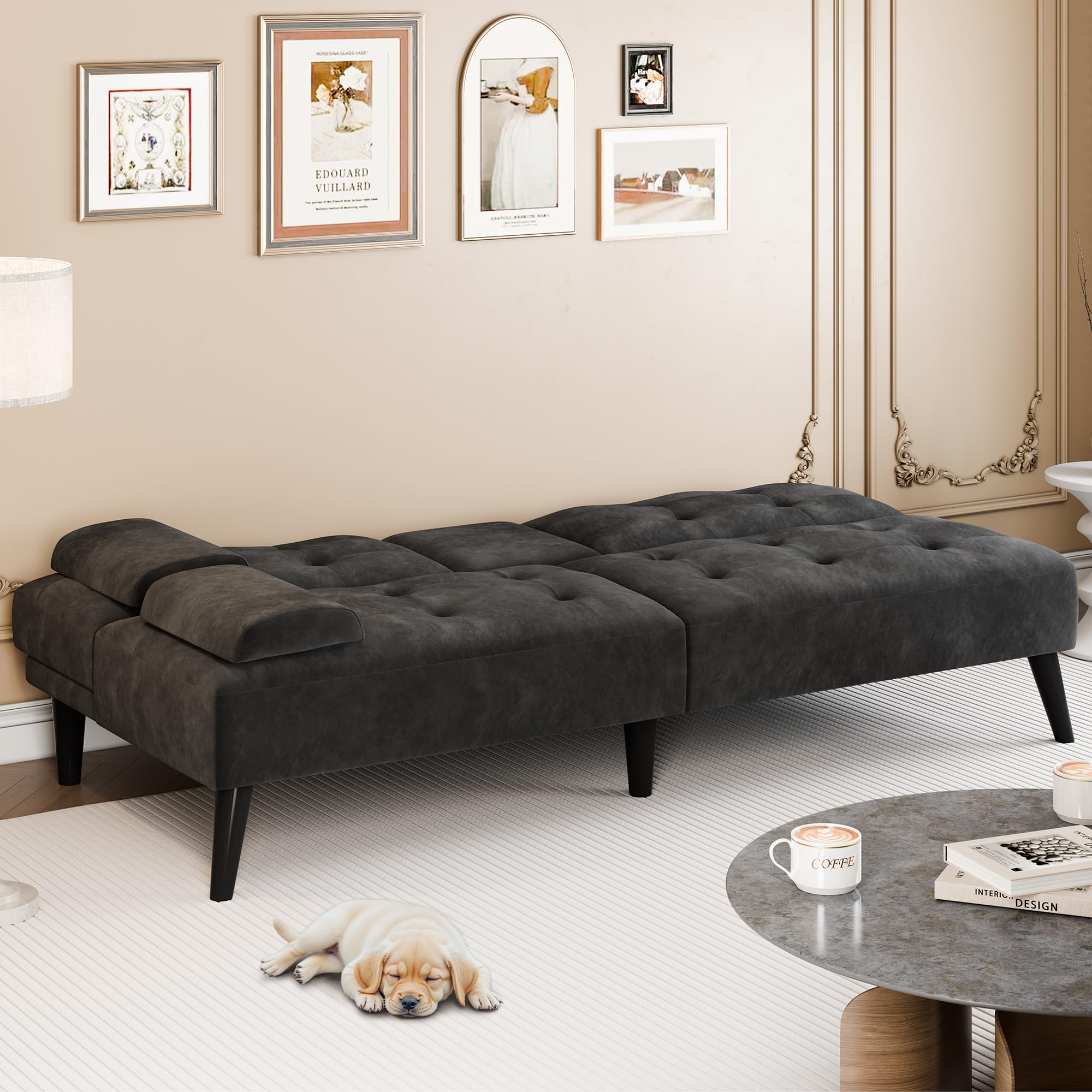 64" Futon Sofa Bed, Convertible Loveseat with 2 Cup Holders, Small Couch with 3 Adjustable Angles, Removable Armrests, Small Sofa for Apartment, 5.3 FT, Black