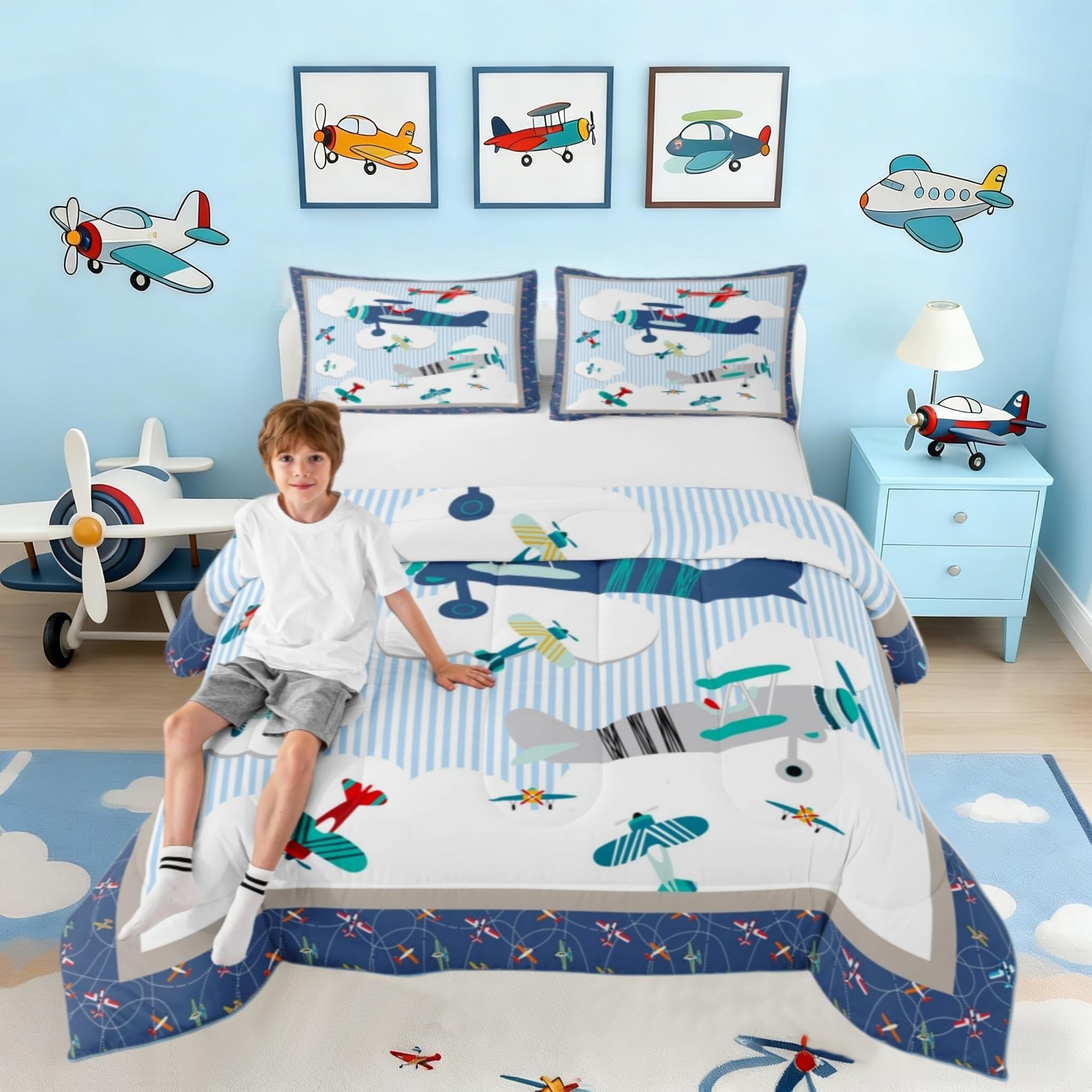 Kids Airplane Comforter Set Blue Sky and White Clouds Bedding Set for Kids Girls Women Adults Aviation Aircraft Comforter Modern Airplane Quilted Duvet Set Bedroom Collection Twin Size 2Pcs