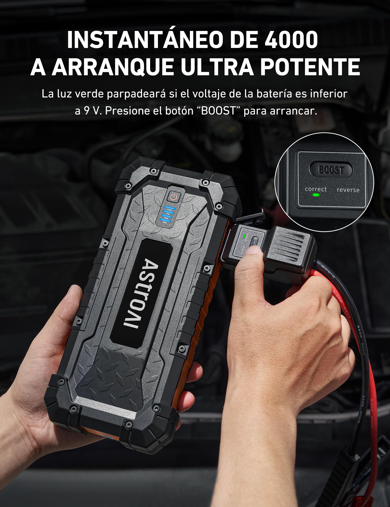 AstroAI S8 Ultra Arrancador de Baterias de Coches, 4000 A Arrancador de Coche Portátil de Gasolina de hasta 10 L y diésel de 8 L, 12 V Arrancador de Coches con Cables de Arranque, Carga Rápida