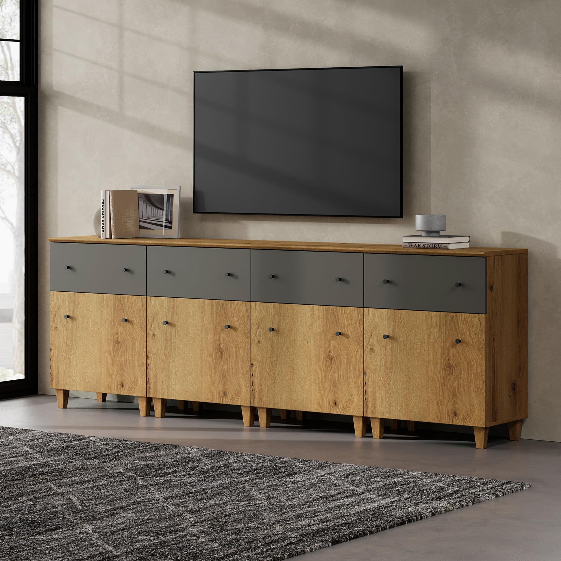 WAMPAT TV Stand for 100+ Inches TVs, 4-in-1 Highboy Entertainment Center with 4 Drawers and Doors, Modern Media Console Table with Storage Shelves for