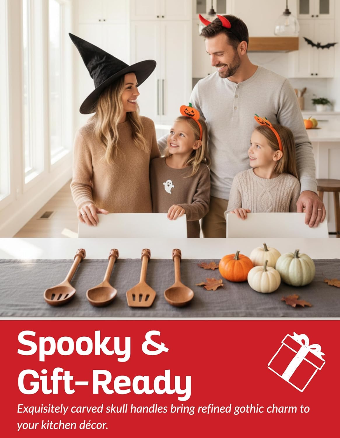 Premium Walnut Cooking Utensils with Skull-Handle Acacia Tools – 5 Walnut Pieces and 4 Artistic Acacia Utensils – Eco-Friendly, Heat-Safe Wooden Essentials for Home Kitchens, Hosts & Creative Cooks