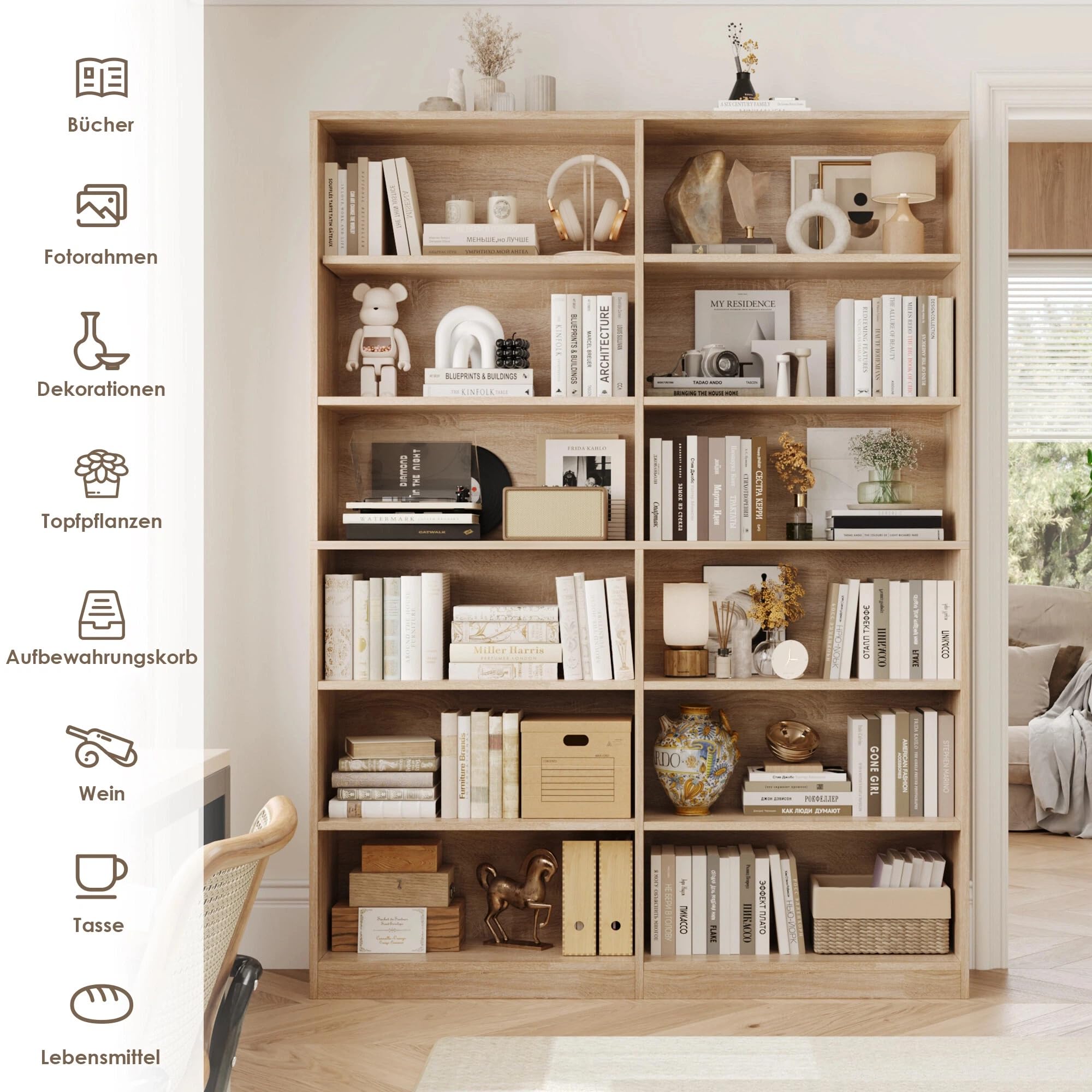 FirFurd Bücherregal Bücherschrank mit 12 Fächern 120x30x188,7 cm Eiche | Billy Regal, Raumteiler, Standregal doppelreihig, zur Aufbewahrung und Präsentation, für Arbeitszimmer Wohnzimmer