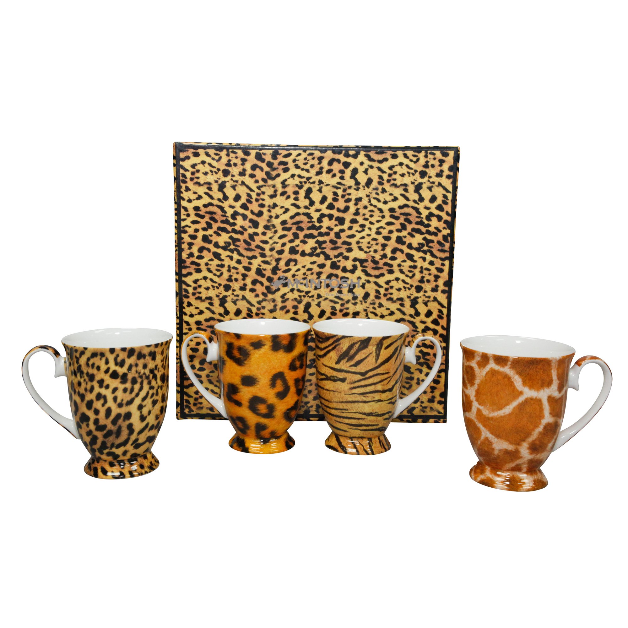 McIntosh CR-MC020018, 10 Oz"Go Wild" Set of 4 Tea Mugs with Animal Print, Coffee and Tea Cup Set, Porcelain Cups, 4-Piece Set