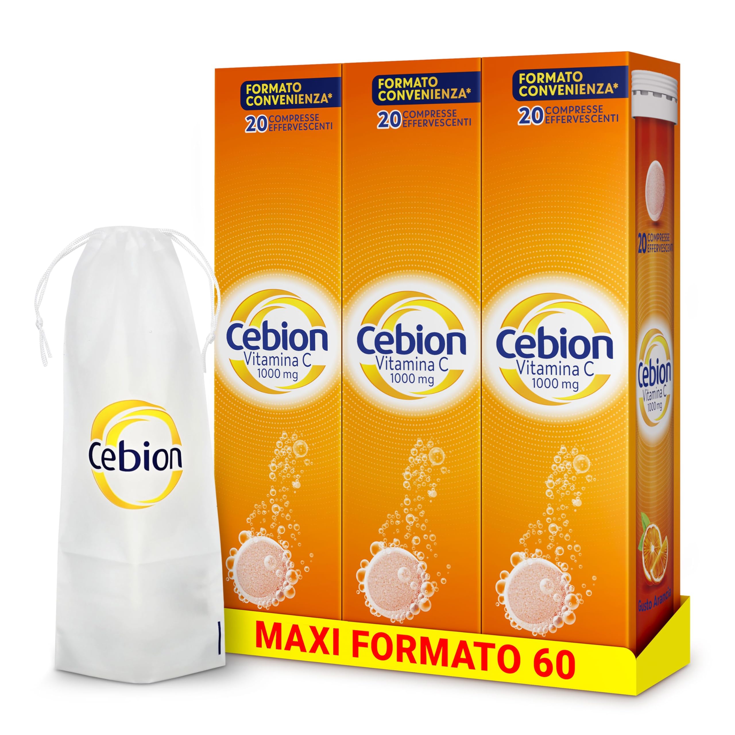 Cebion Vitamina C 1000 mg Effervescente Arancia,Supporta il Sistema Immunitario e il Metabolismo Energetico, 60 Compresse, Integratore Alimentare + portaombrelli