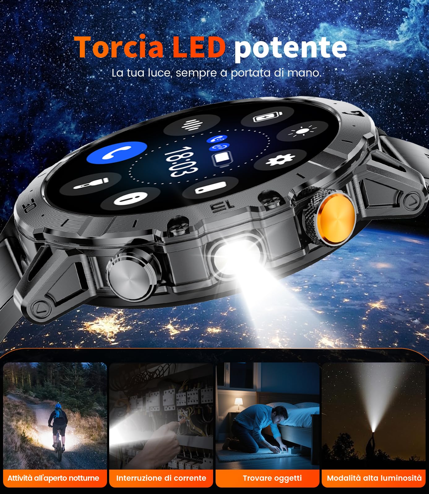 LIGE Smartwatch Uomo con 1000mAh/Torcia LED,Chiamata Bluetooth,1.7" Smart Watch Militare con 110+ Modalità Sportive,Impermeabile,Frequenza Cardiaca, Android iOS,3 Braccialetti+2 Caricabatterie,EF18-E