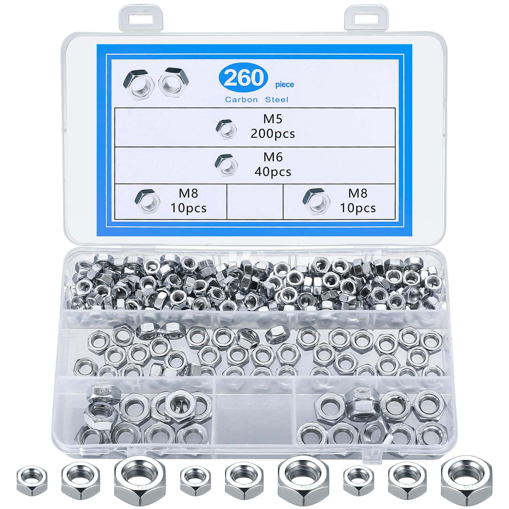 260 Stück M5 M6 M8 Sechskantmuttern - Kohlenstoffstahl Muttern DIN934 | Feingewinde Muttern Set