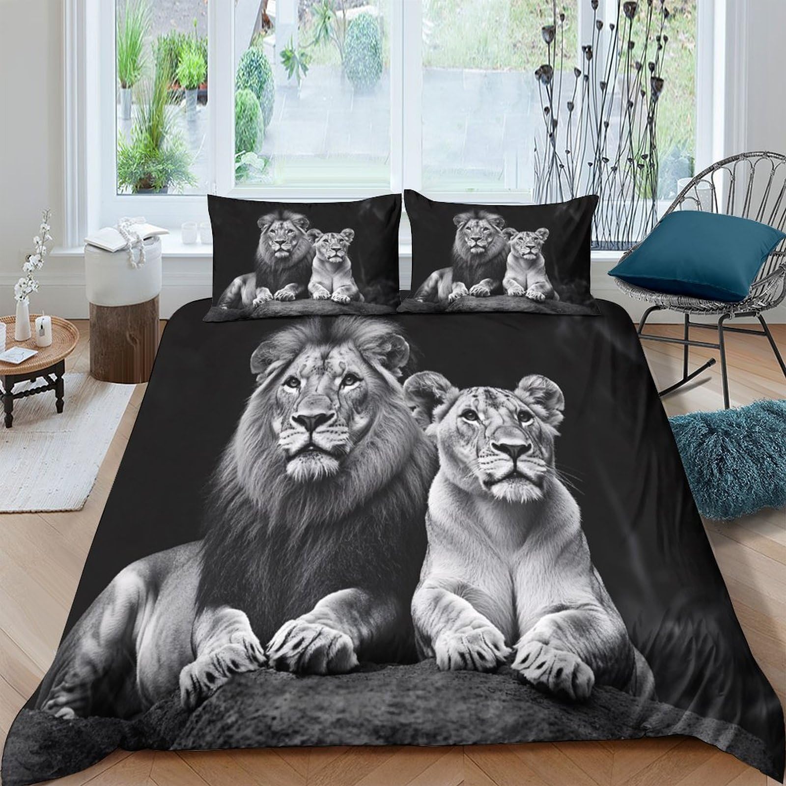 Ctjqhvkz Style-4 3D Printed Lion Couple Fitted Sheet Microfiber Soft Black White Bed Sheet For Bedroom Guest Room Mattress Decor Single（135X200cm）