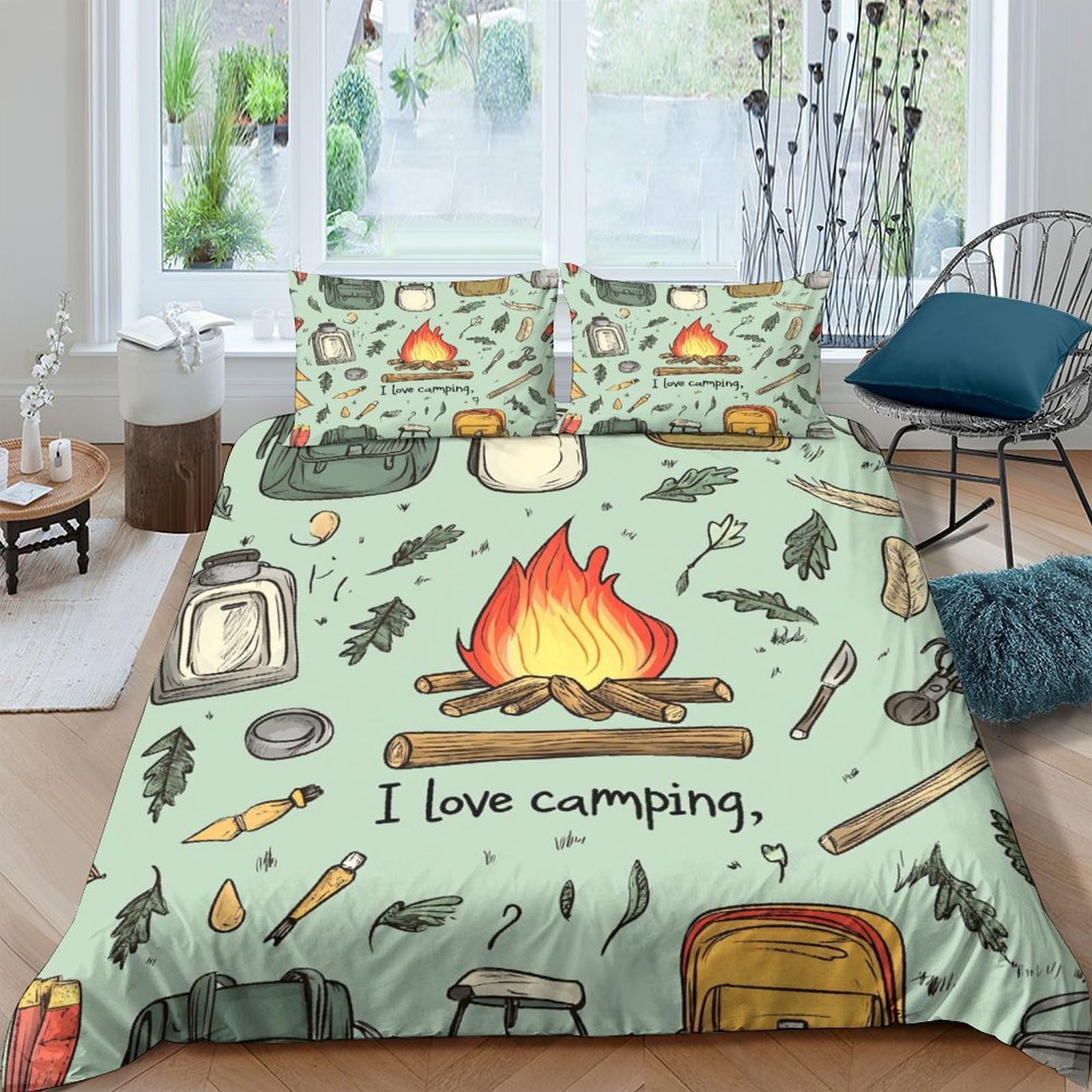 Ctjqhvkz Style-8 3D Printed Camping Fire Fitted Sheet Microfiber Breathable Forest Adventure Bed Cover For Bedroom Dorm Decor Single（135X200cm）