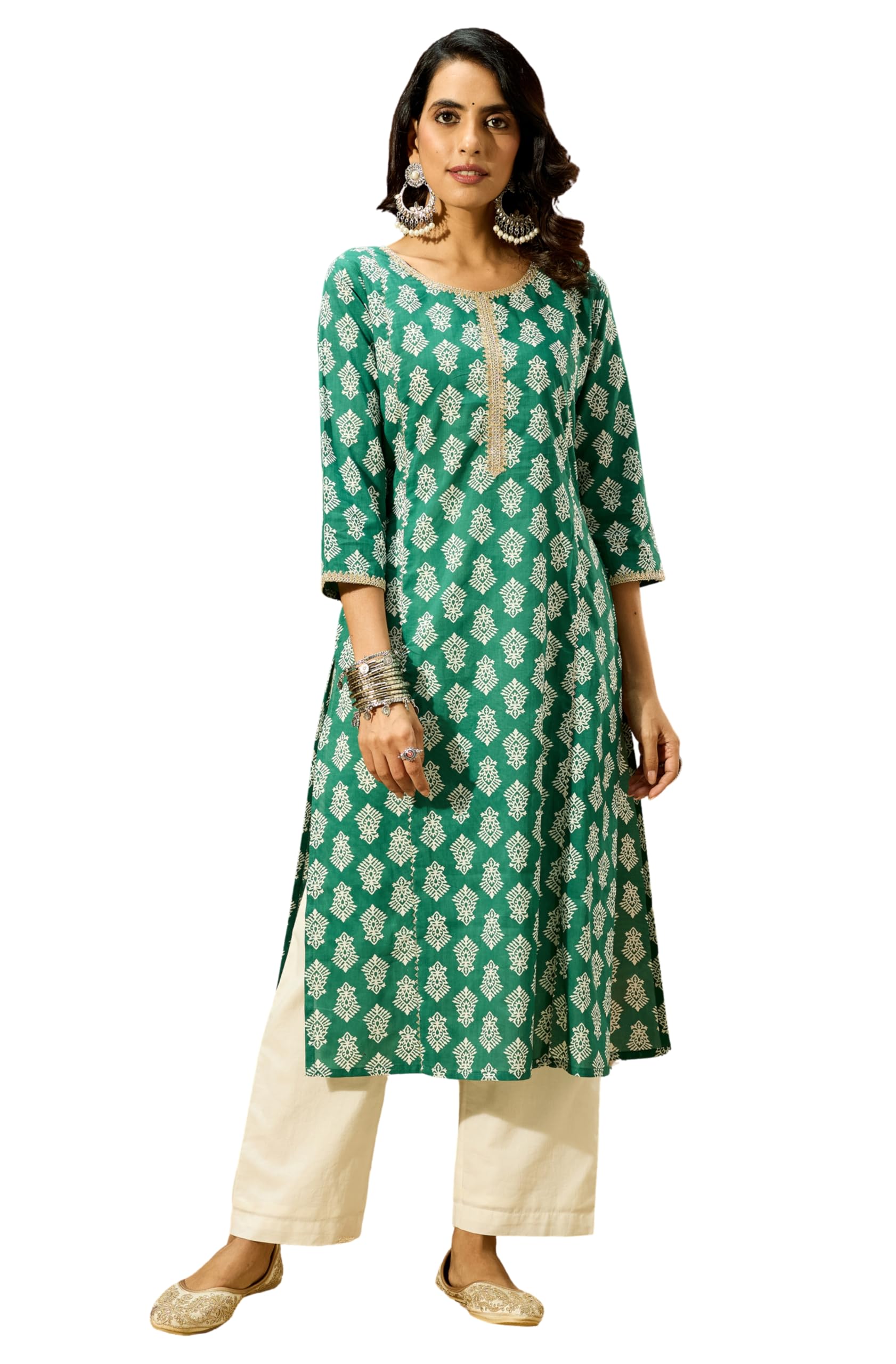 Jack & Jones Women's Green Pure Cotton Ethnic Motifs Printed Straight Kurta in green