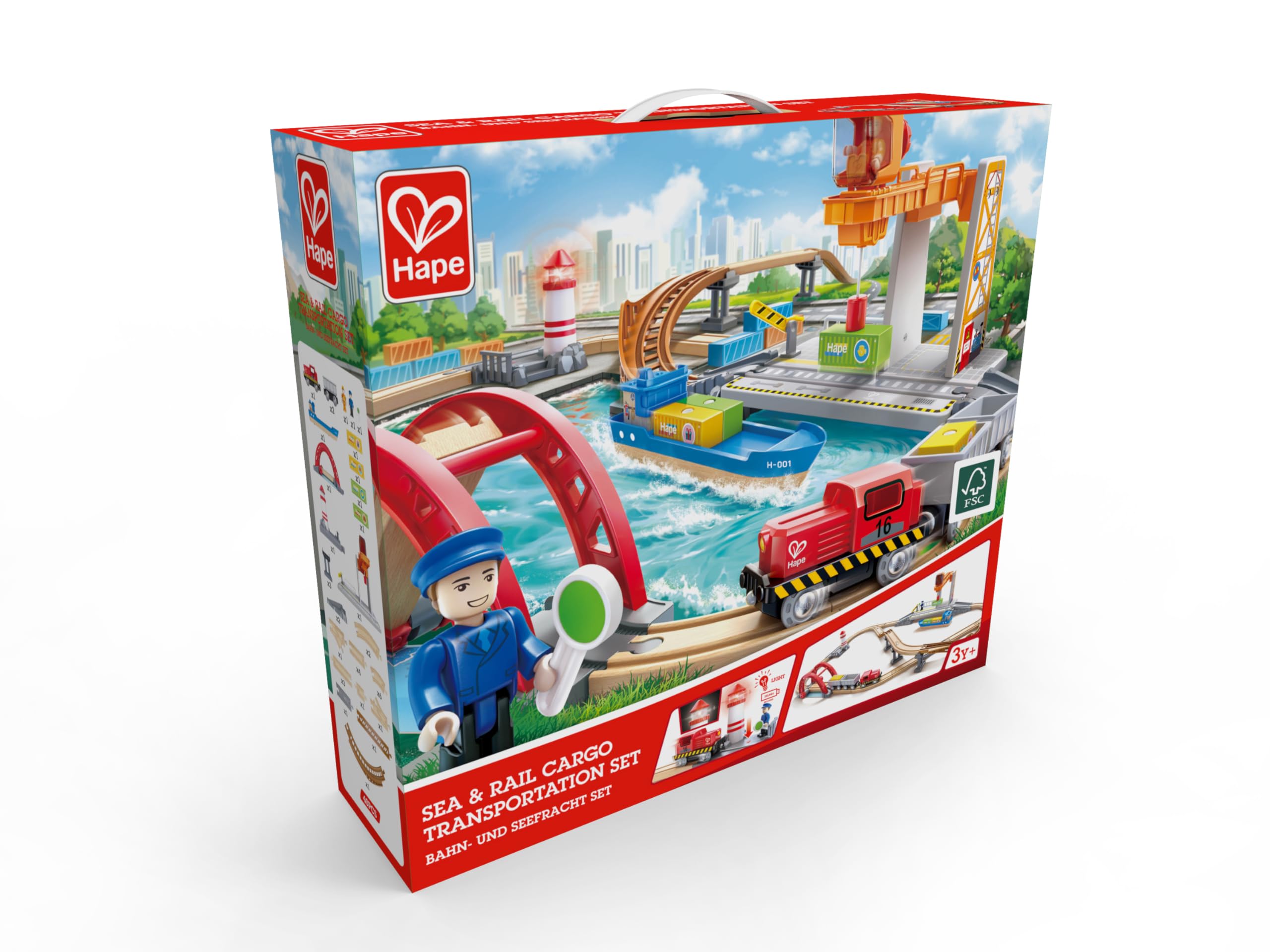 Hape Bahn- und Seefracht Set - Eisenbahn für Kinder, Holz-Frachtzug und Frachtschiff mit Kran, 2-in-1 Eisenbahn- und Hafen-Spielset, ab 3 Jahren