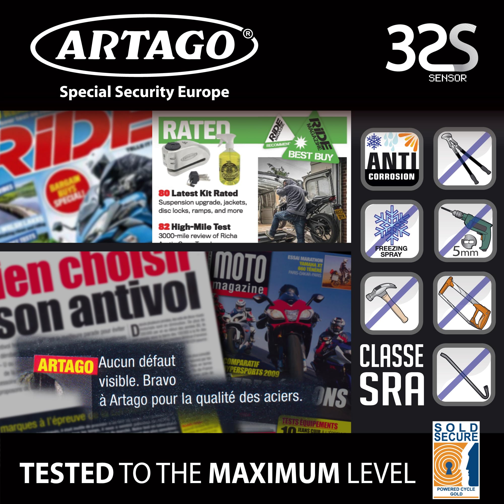 ARTAGO 32 Candado Moto Alta Gama, Mejor Antirrobo Disco con Alarma Inteligente Don't Touch 120dB, Homologado SRA y SSG, Exclusivo Triple Cierre Ø15.5, Blindaje Anti-Taladro 5mm, Pinza Cepo Acero Inox