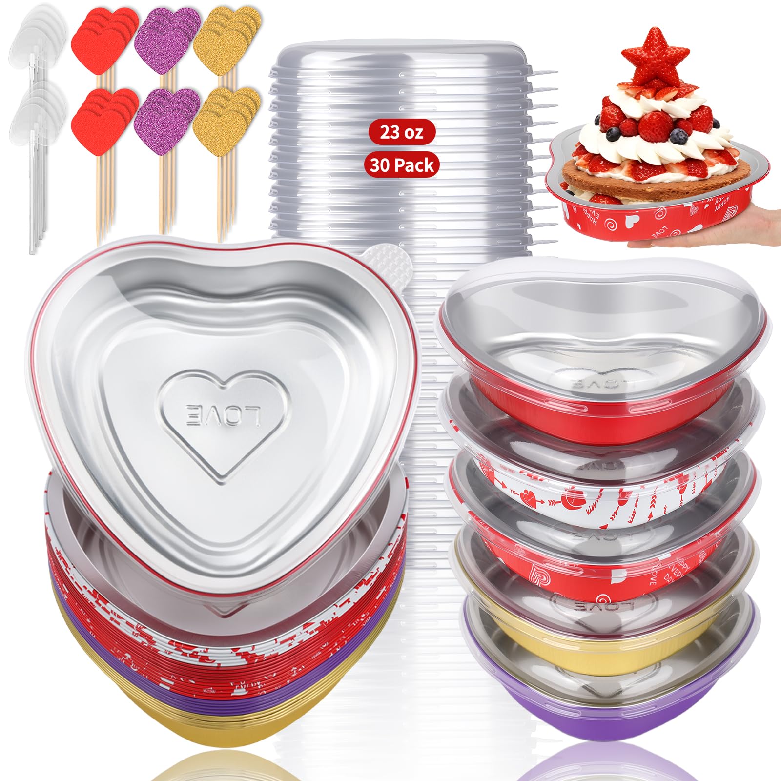 23 OZ Large Heart Shaped Cake Pans for Baking 30 Pack Aluminum Foil Baking Tins with Lids 5 Colors Desert Heart Cake Mold Disposable Pans Containers for Valentine's Day, Mother's Day, Wedding, Party