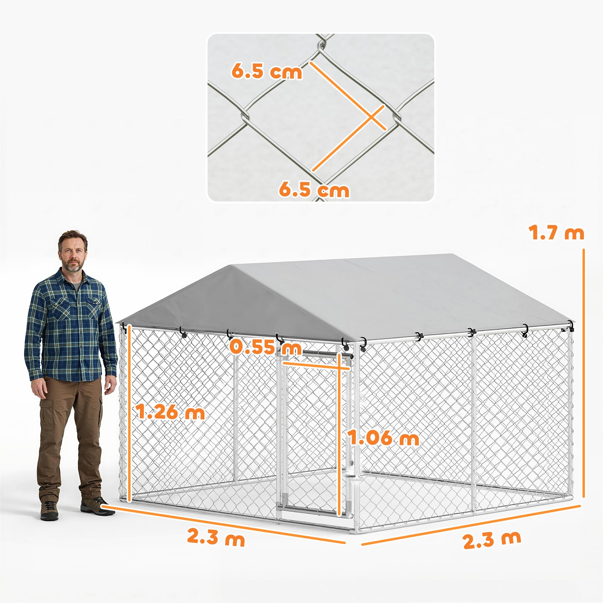 PawHut Kennel Gabbia per Cani da Esterno Grande, Box Recinto per Cani con Tetto Anti-UV Impermeabile Rimovibile, Porta Reversibile, Doppia Chiusura Antifuga, in Acciaio Zincato, 230x230x170cm, Argento