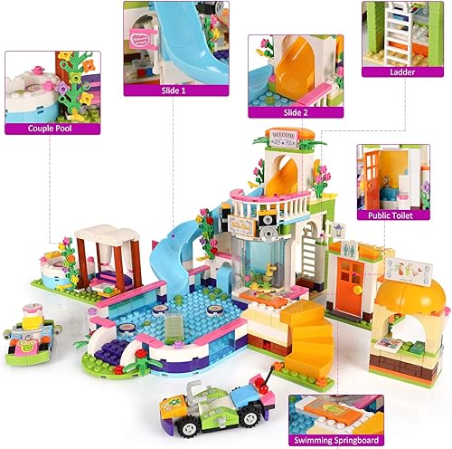 Miniatura 2 de Kit de construcción de 1140 piezas para fiestas de verano en la piscina, cafetería, bloques de construcción de casa STEM Creative Friends con caja