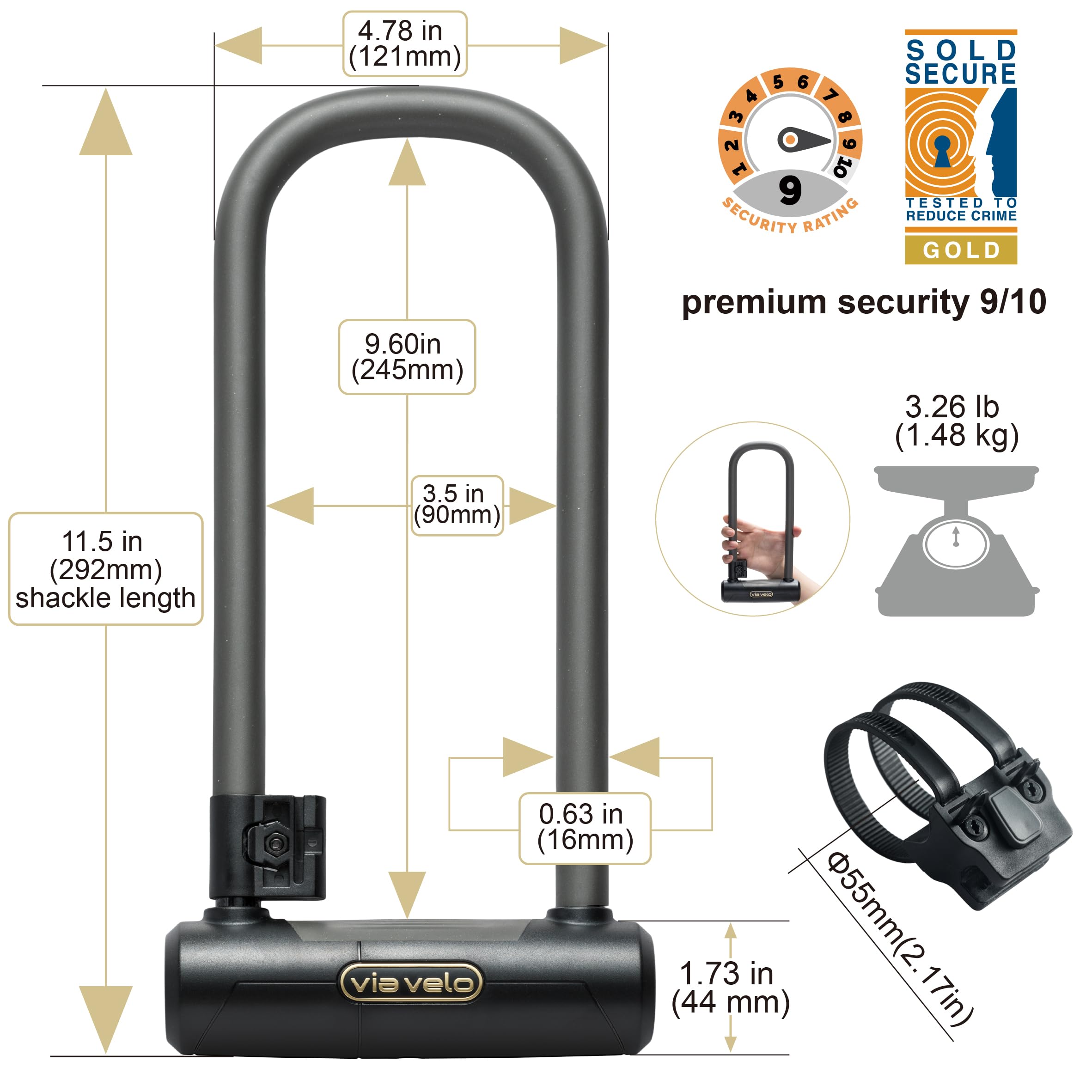 Lucchetto a U, resistente di Via Velo, lucchetto per bicicletta ad alta sicurezza, arco in acciaio extra lungo, Ø 16 mm,