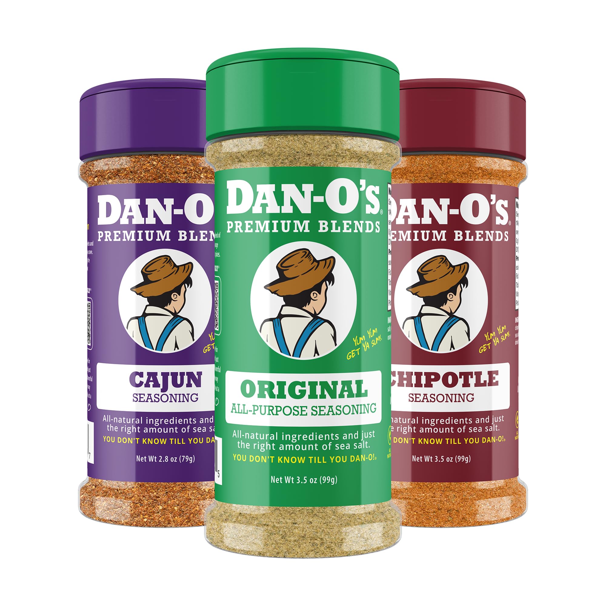 Dan-O's Seasoning - Cooking and Grilling Anything - Meat, Vegetables, Snacks, Popcorn Seasoning - Small Jar, 3 Pack, Original, Chipotle & Cajun