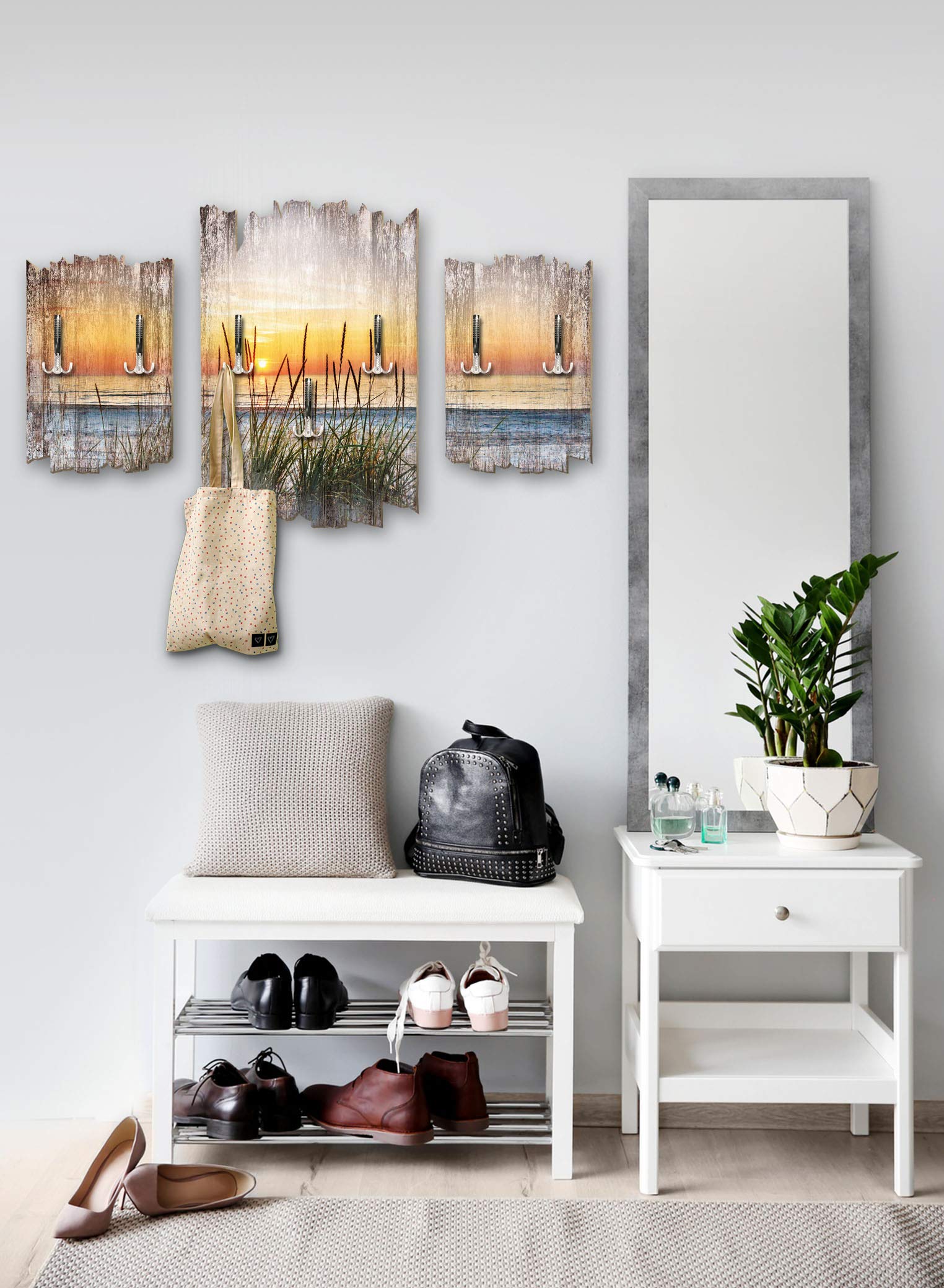 Kreative Feder 3-teilige Designer Wandgarderobe Abendspaziergang am Strand - Flurgarderobe Wandpaneele Größe 95x60cm aus MDF (Abendspaziergang am Strand)