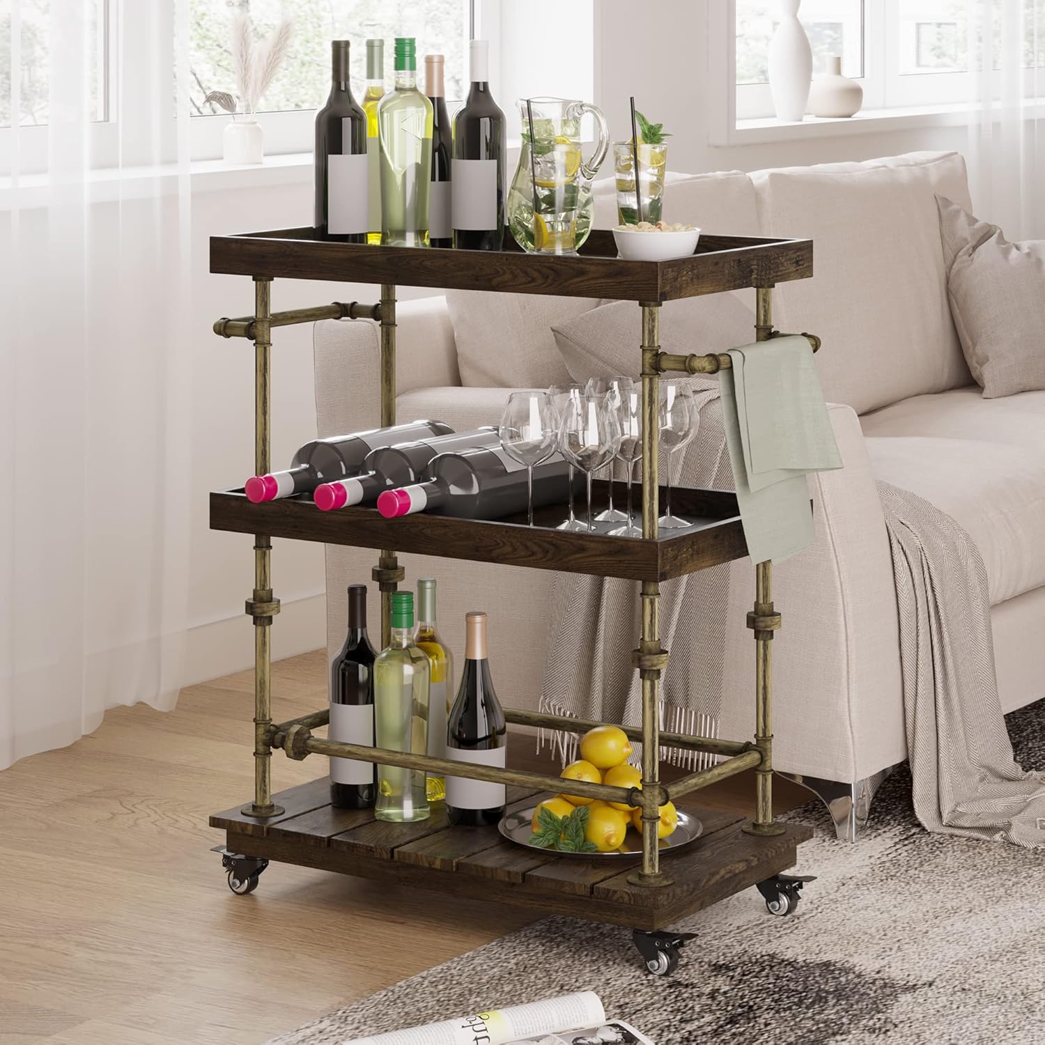 Industrial 3-Tier Bar Cart with Wood & Metal Frame